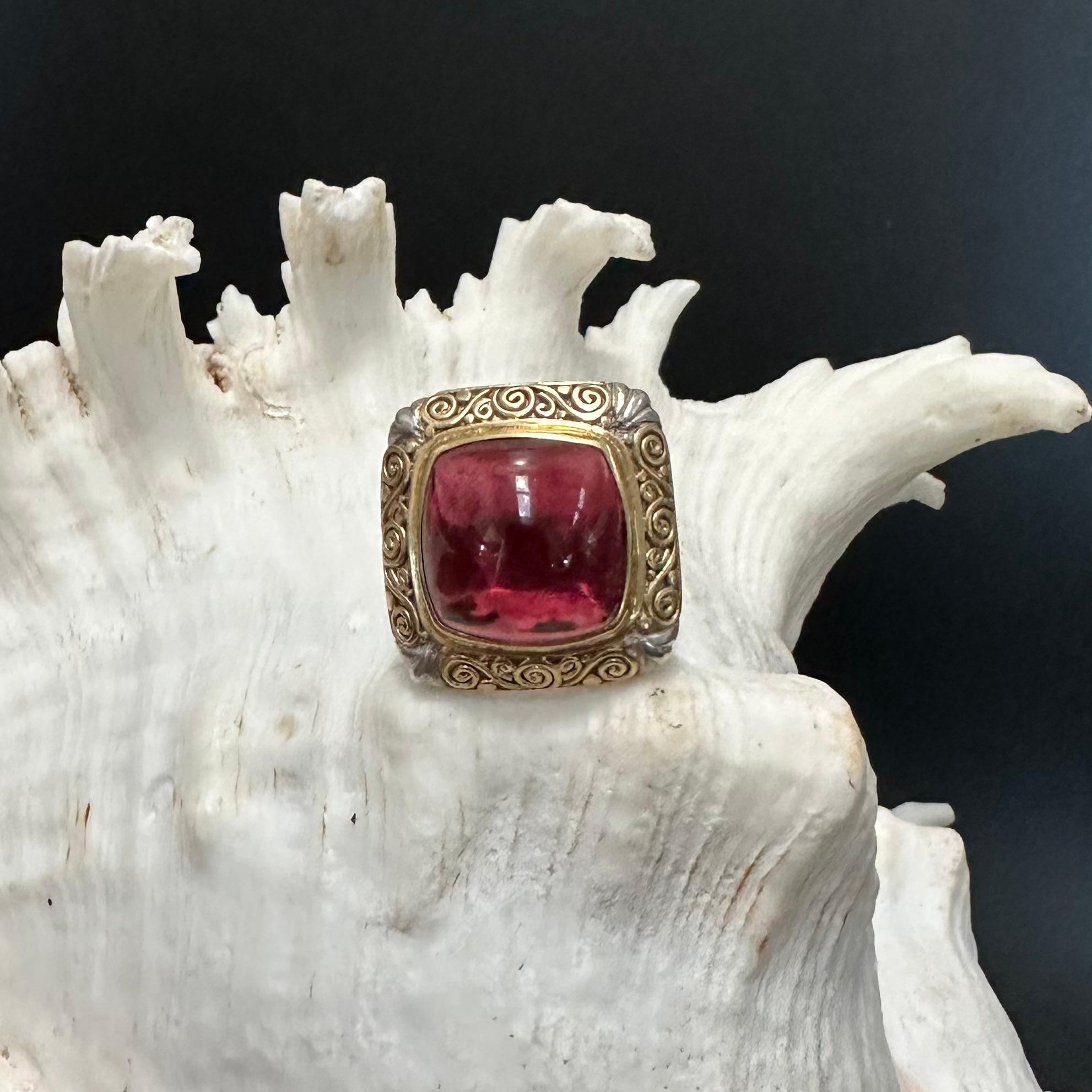 Steven Battelle 11.7 Carats Cabochon Pink Tourmaline Sterling 18K Gold Ring For Sale 2