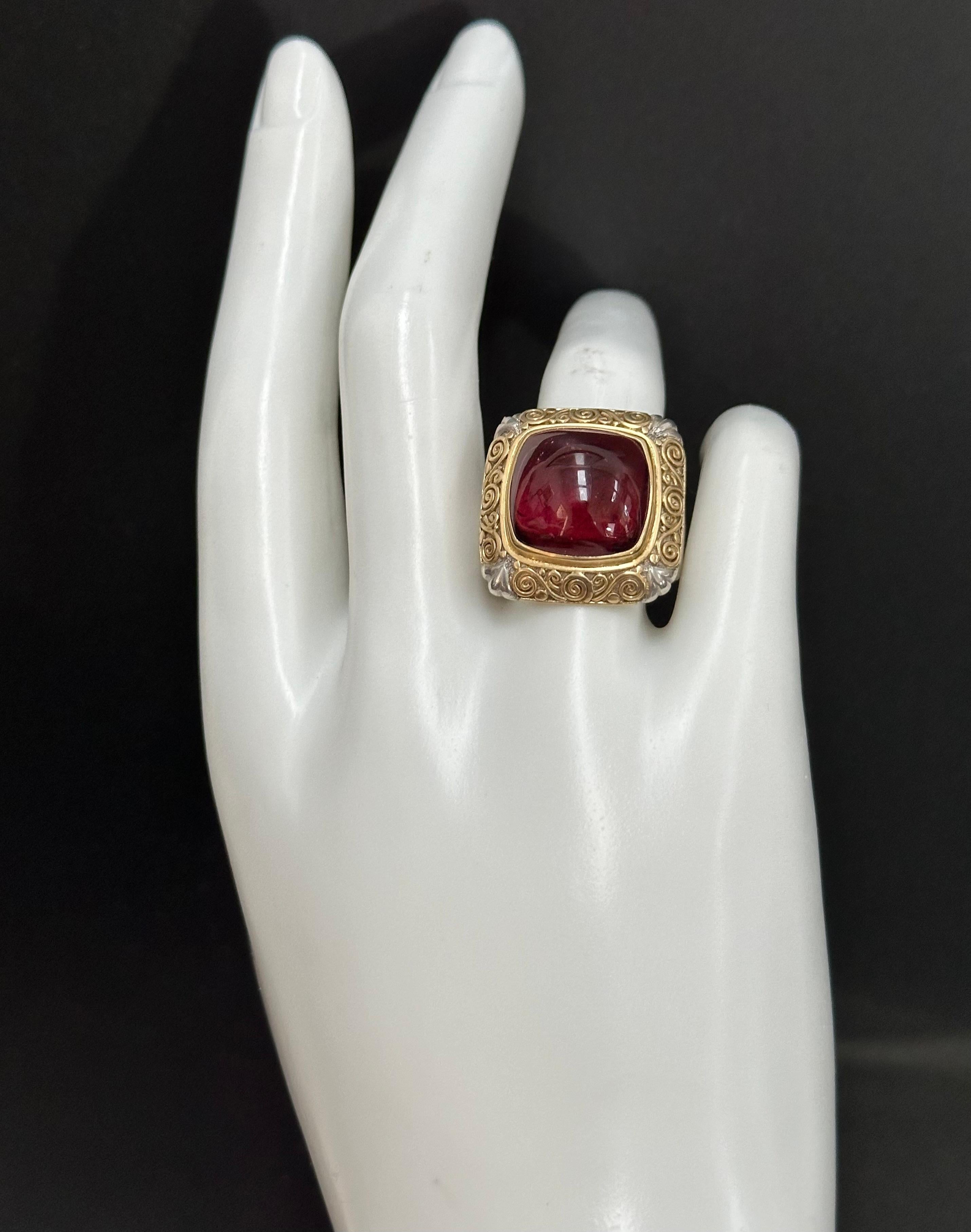 Steven Battelle 11.7 Carats Cabochon Pink Tourmaline Sterling 18K Gold Ring For Sale 3