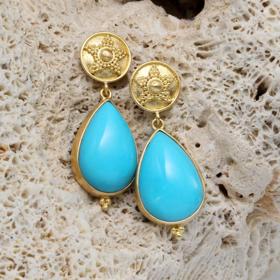 Contemporary Steven Battelle 11.9 Carats Sleeping Beauty Turquoise 18K Gold Post Earrings