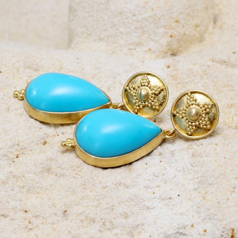 Cabochon Steven Battelle 11.9 Carats Sleeping Beauty Turquoise 18K Gold Post Earrings