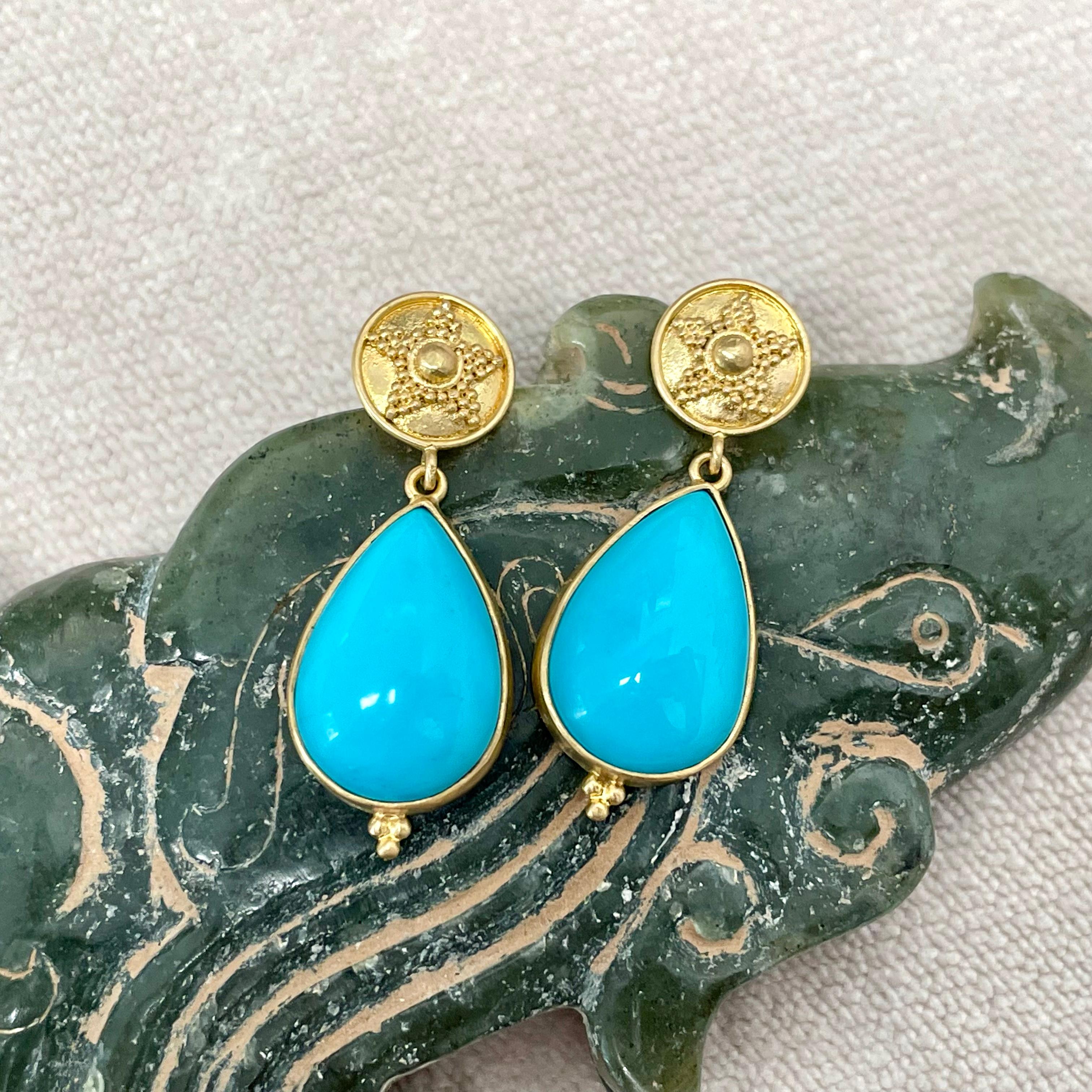 Women's or Men's Steven Battelle 11.9 Carats Sleeping Beauty Turquoise 18K Gold Post Earrings