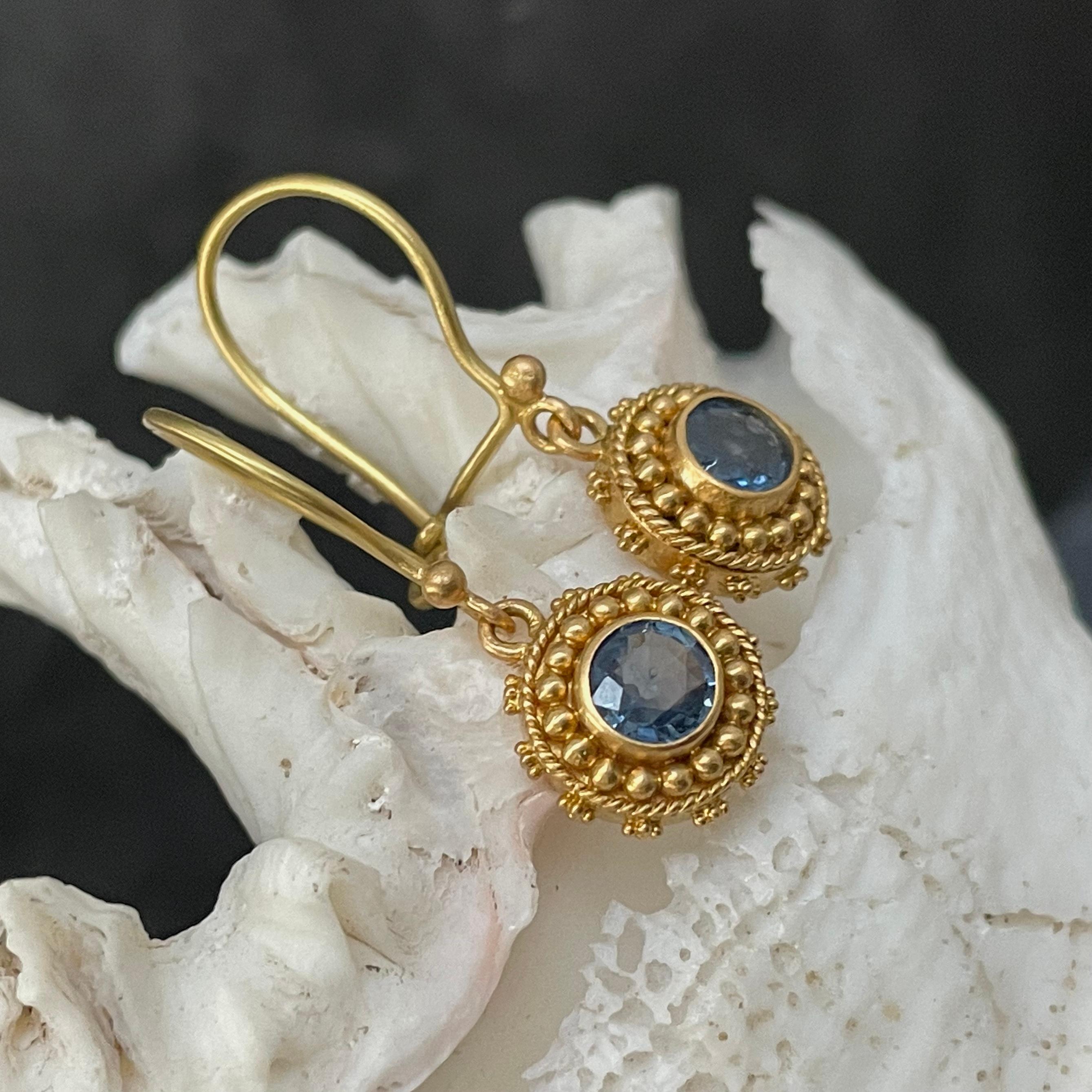 Rose Cut 1.2 Carats Blue Sapphire Granulated 22k Gold Earrings For Sale