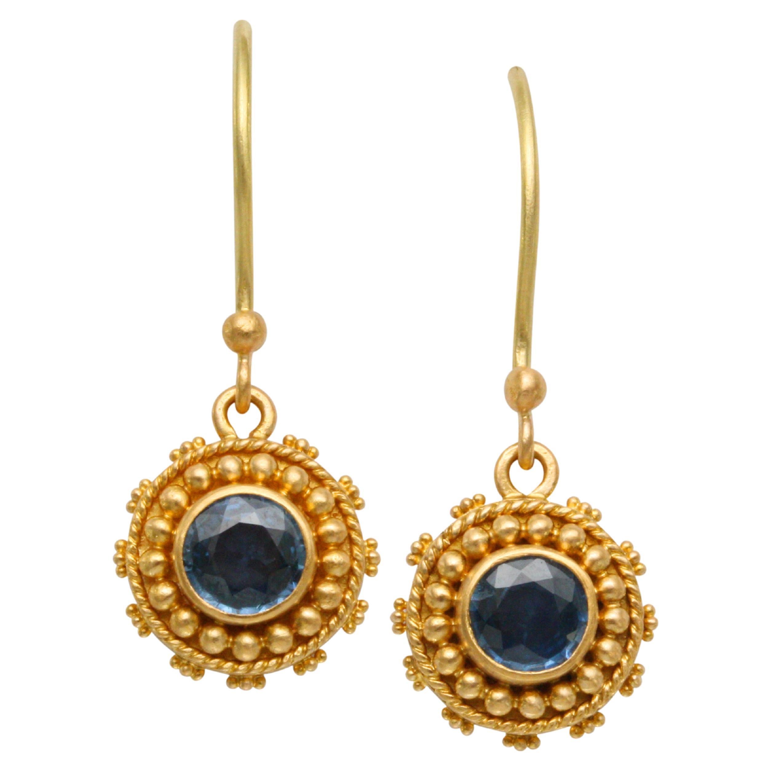 1.2 Carats Blue Sapphire Granulated 22k Gold Earrings For Sale