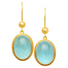 Steven Battelle 12.1 Carat Aquamarine Cabochon 18K Gold Earrings