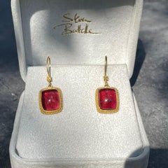 Steven Battelle 12.4 Carats Pink Tourmaline Cabochon 22K Gold Drop Earrings