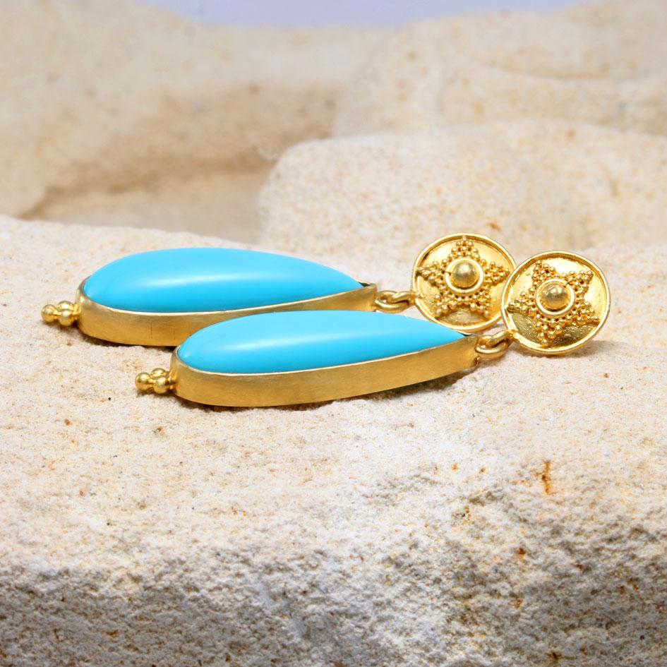 Cabochon Steven Battelle 12.4 Carats Sleeping Beauty Turquoise 18K Gold Post Earrings For Sale