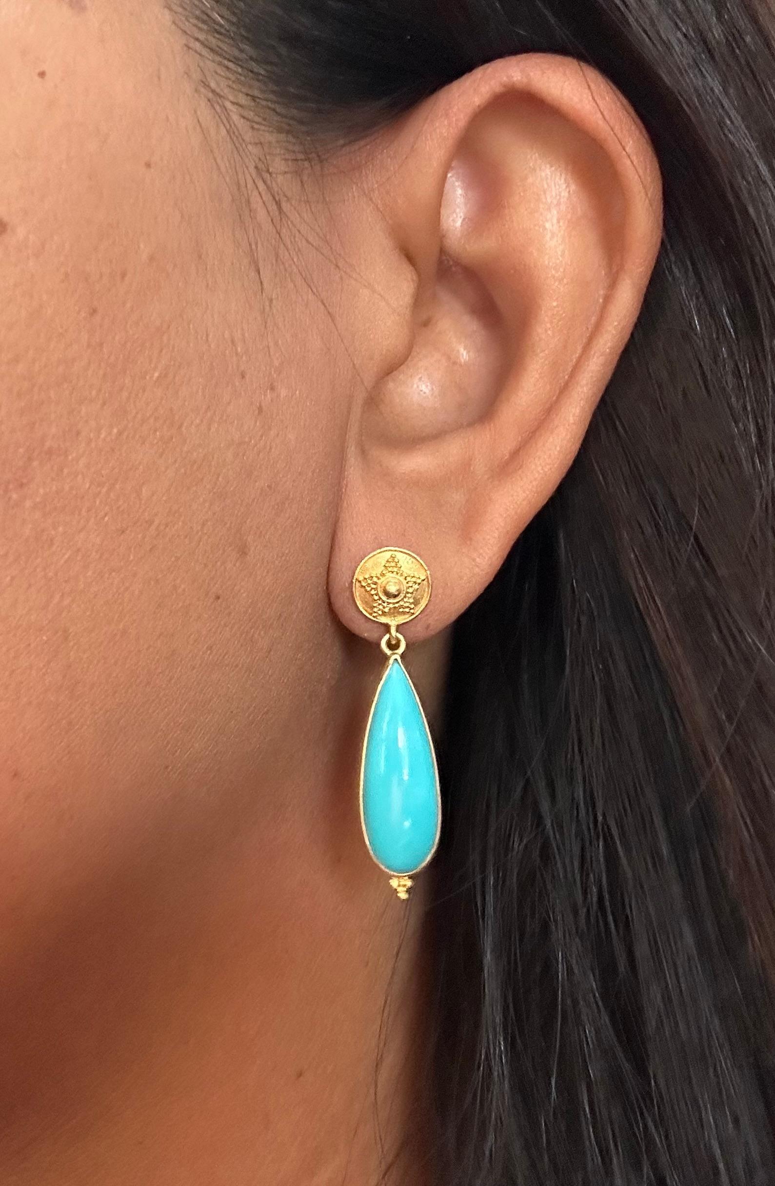 Steven Battelle 12.4 Carats Sleeping Beauty Turquoise 18K Gold Post Earrings For Sale 2