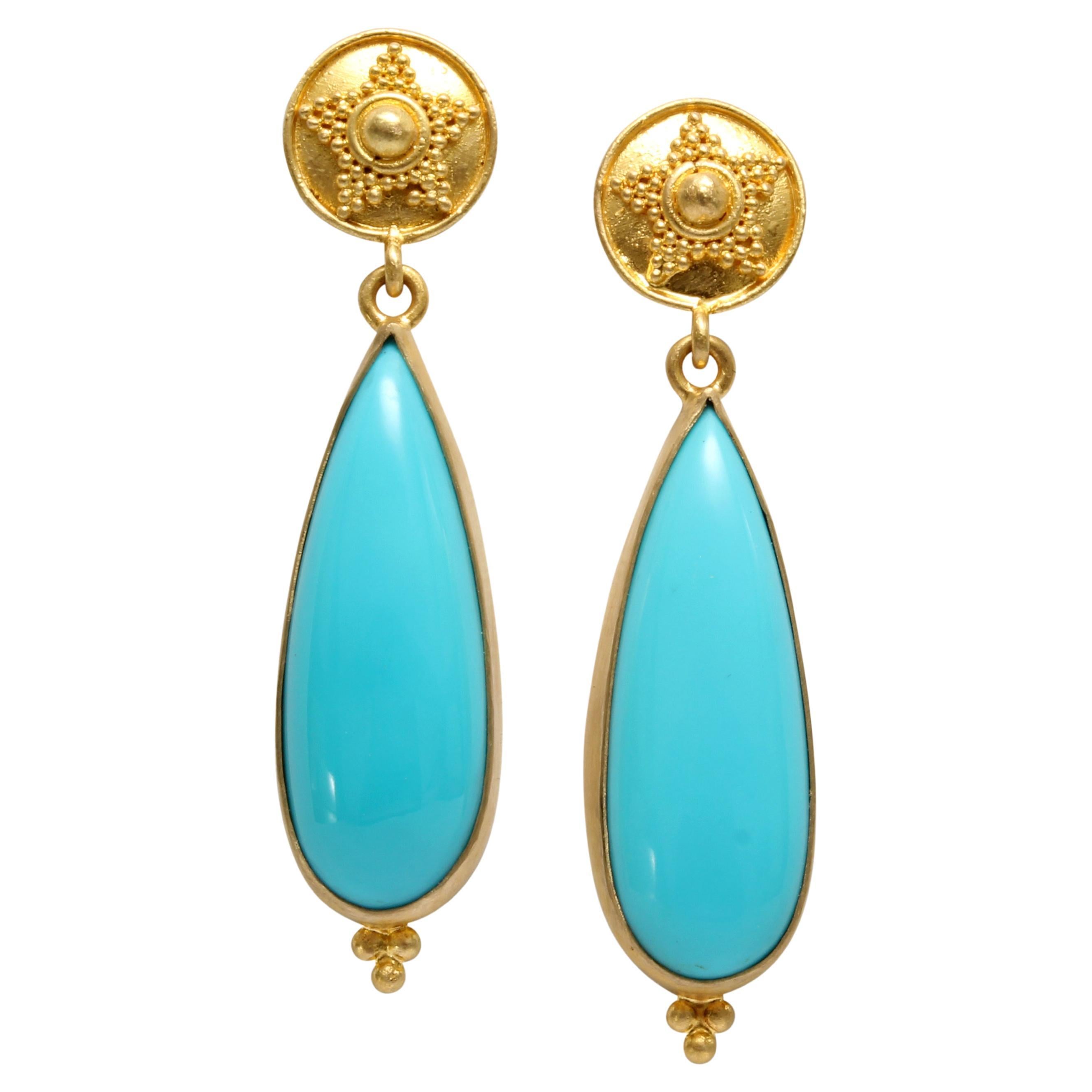 Steven Battelle 12.4 Carats Sleeping Beauty Turquoise 18K Gold Post Earrings For Sale
