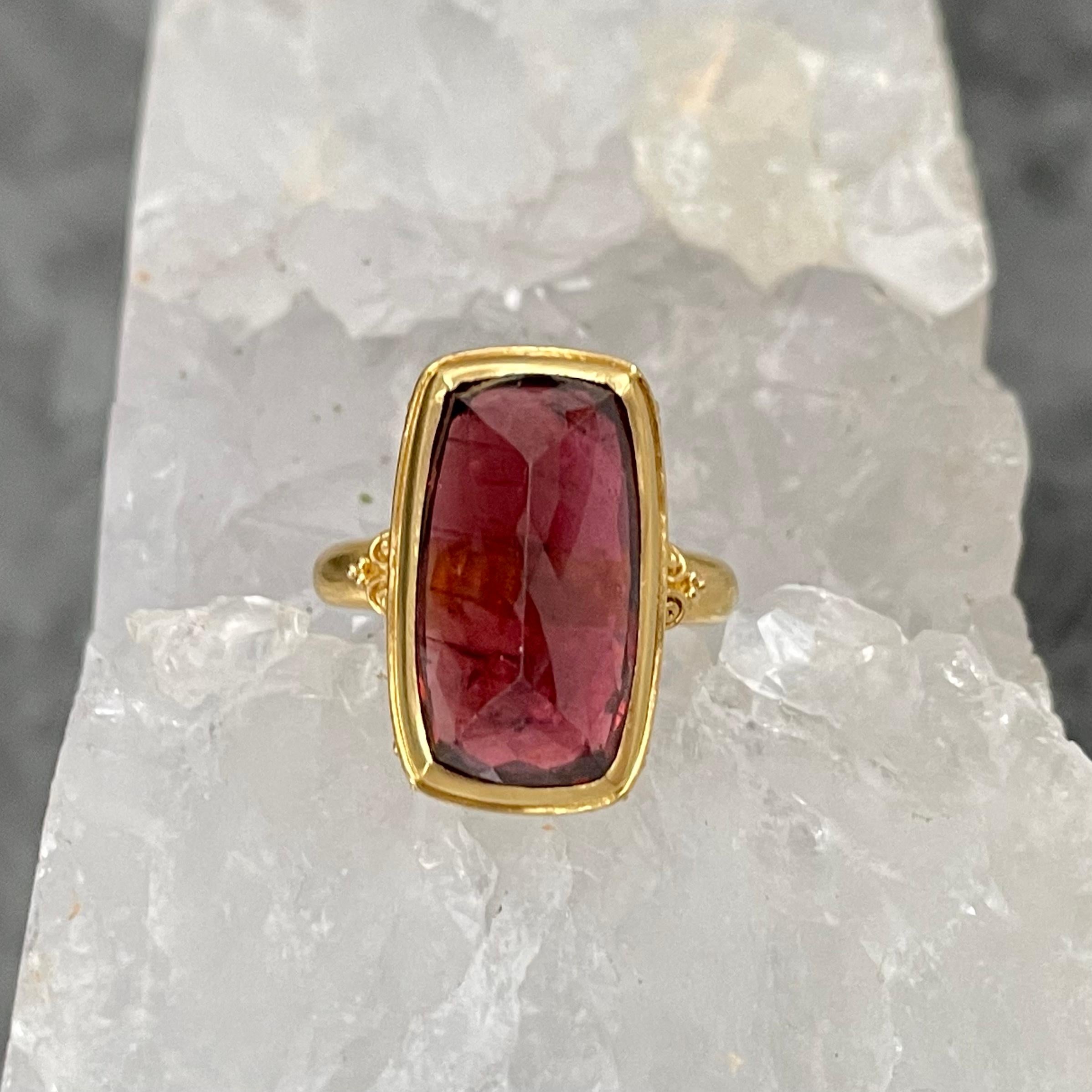 Cushion Cut Steven Battelle 12.6 Carats Pink Tourmaline 22K Gold Ring For Sale