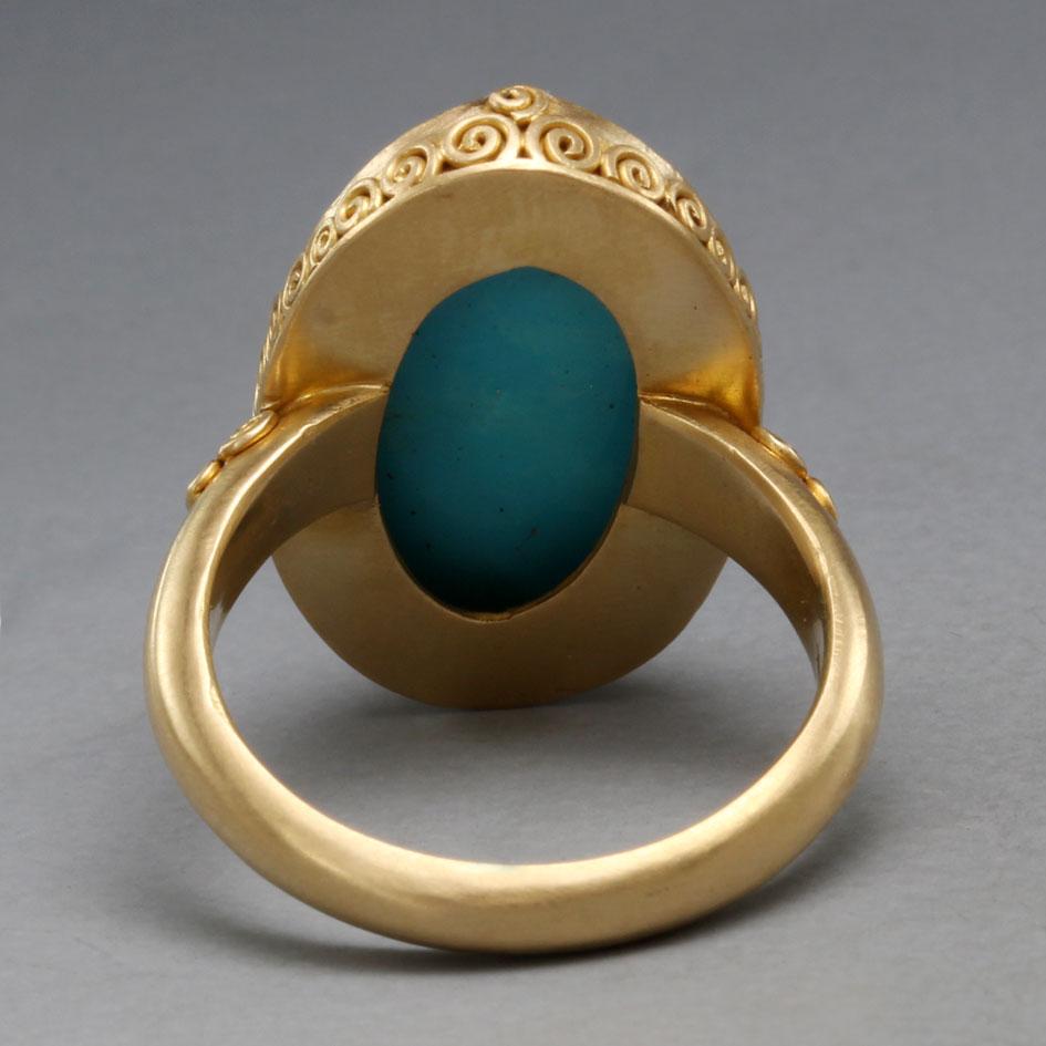 Cabochon Steven Battelle 12.6 Carats Sleeping Beauty Turquoise 18K Gold Ring For Sale