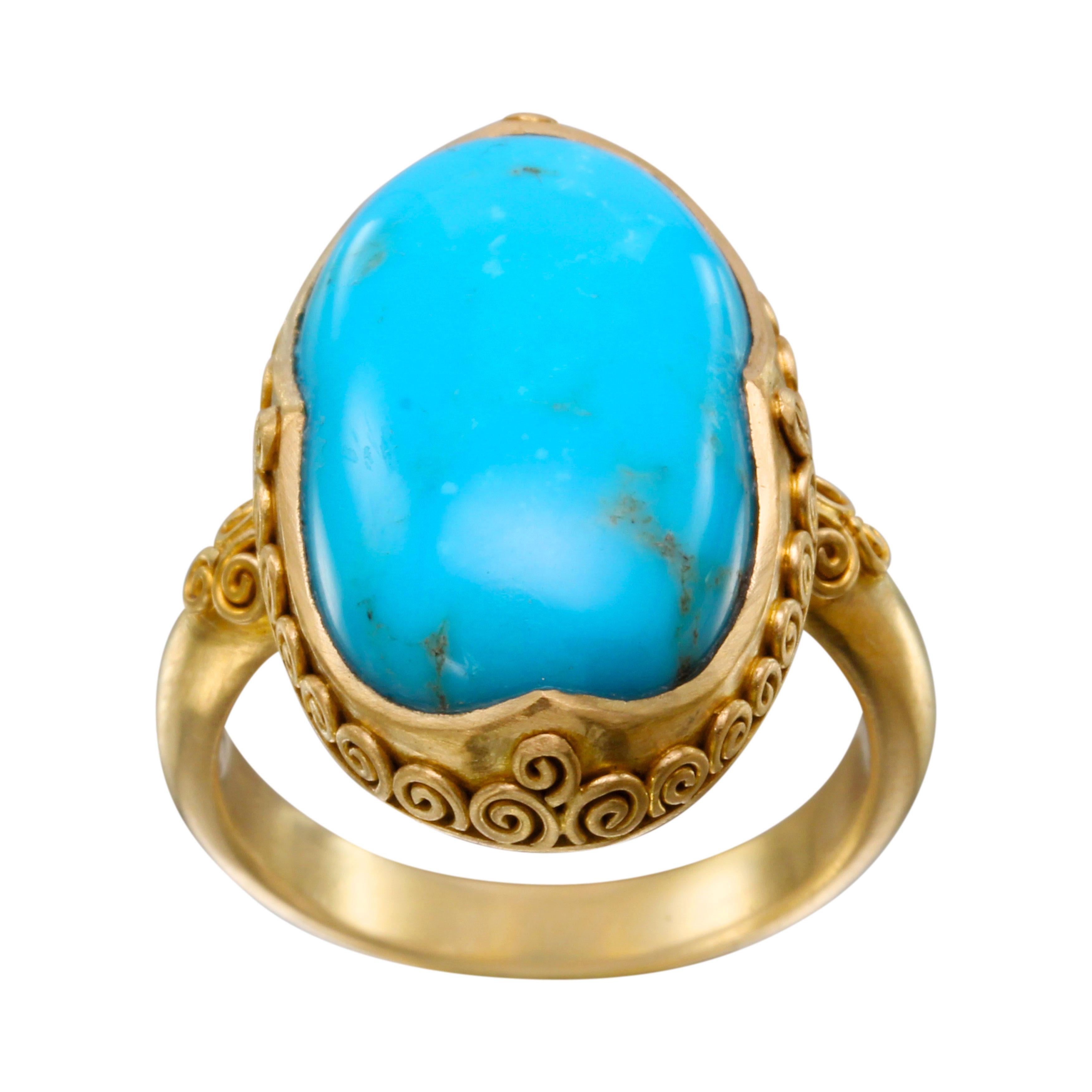 Women's or Men's Steven Battelle 12.6 Carats Sleeping Beauty Turquoise 18K Gold Ring For Sale