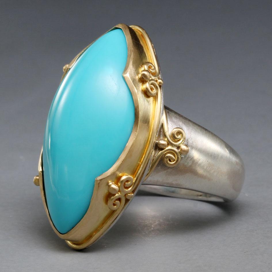 Contemporary Steven Battelle 13.0 Carats Sleeping Beauty Turquoise Sterling/18K Gold Ring For Sale