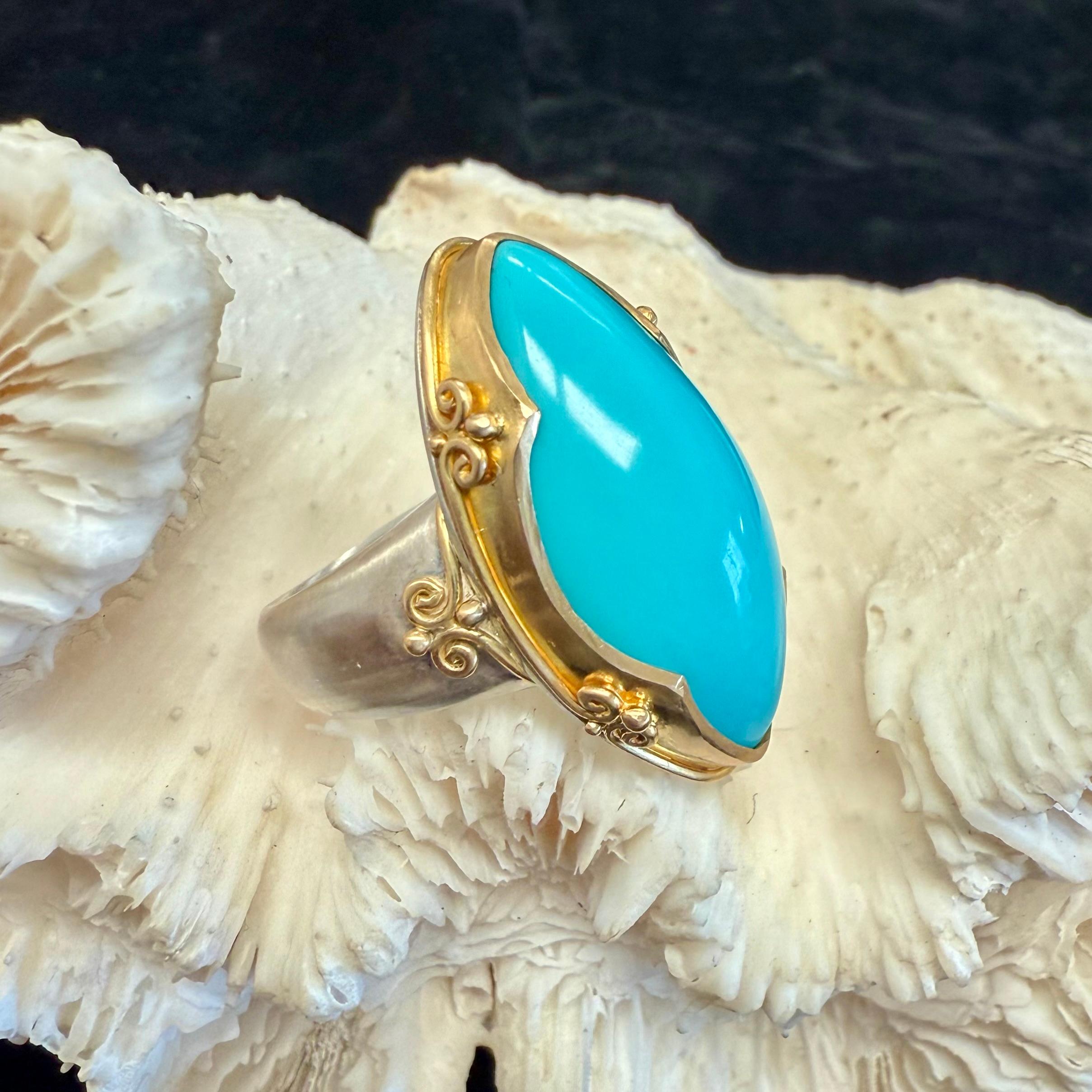 Steven Battelle 13.0 Carats Sleeping Beauty Turquoise Sterling/18K Gold Ring For Sale 2
