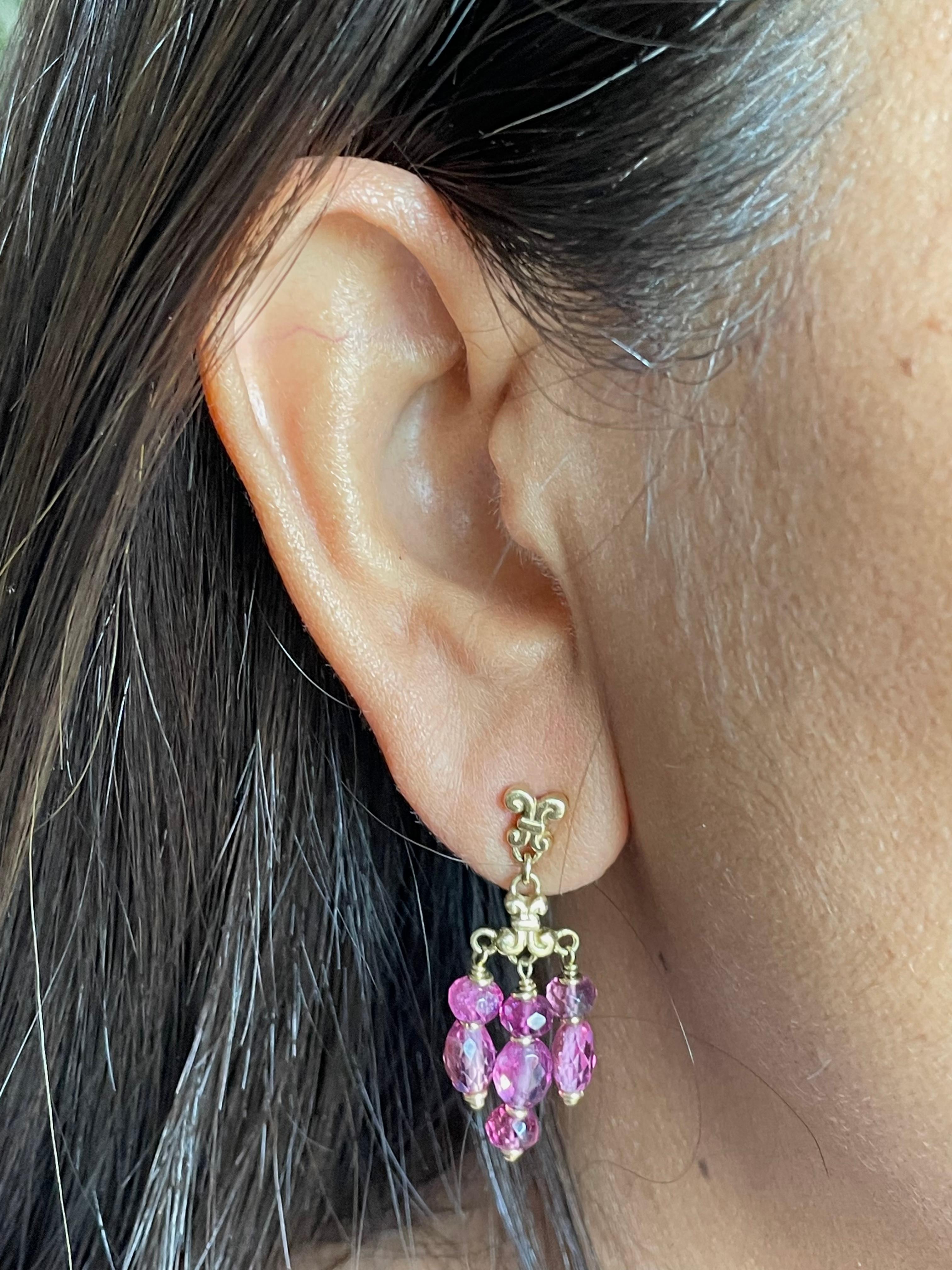 Steven Battelle 13.4 Carats Pink Tourmaline 18K Gold Post Dangle Earrings For Sale 4