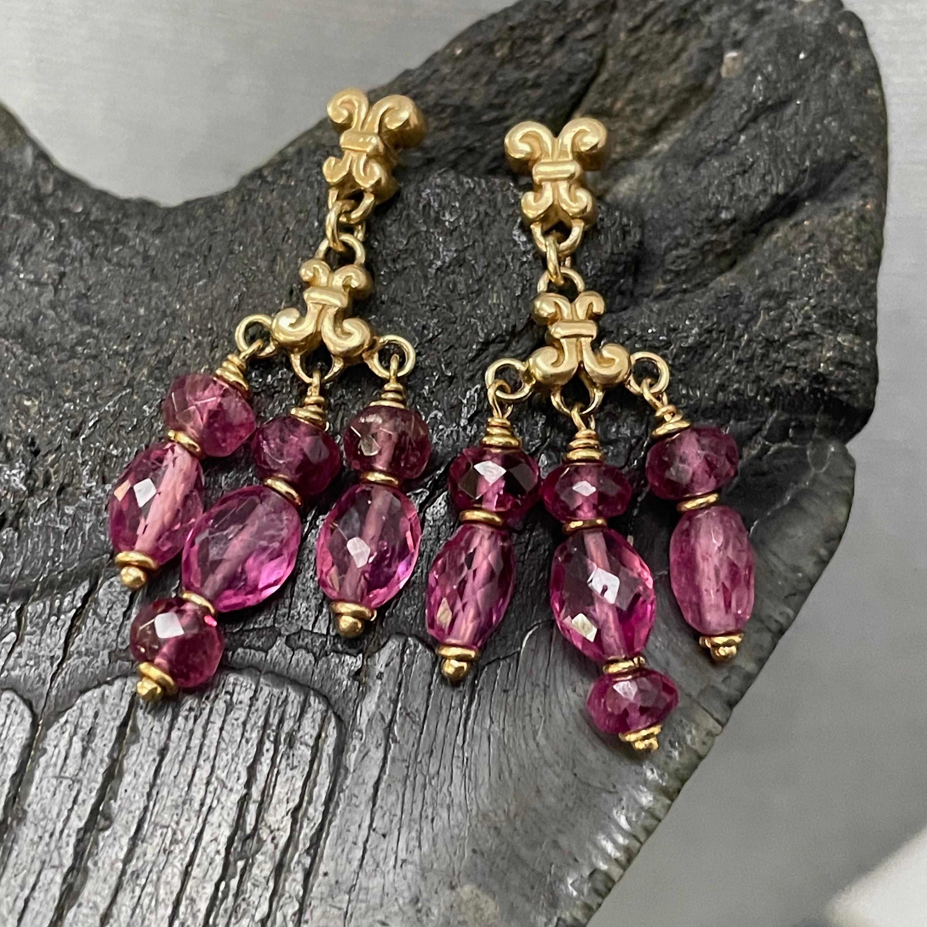 Steven Battelle 13.4 Carats Pink Tourmaline 18K Gold Post Dangle Earrings For Sale 1