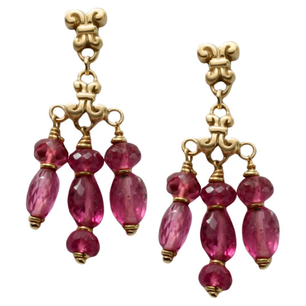 Steven Battelle 13.4 Carats Pink Tourmaline 18K Gold Post Dangle Earrings For Sale