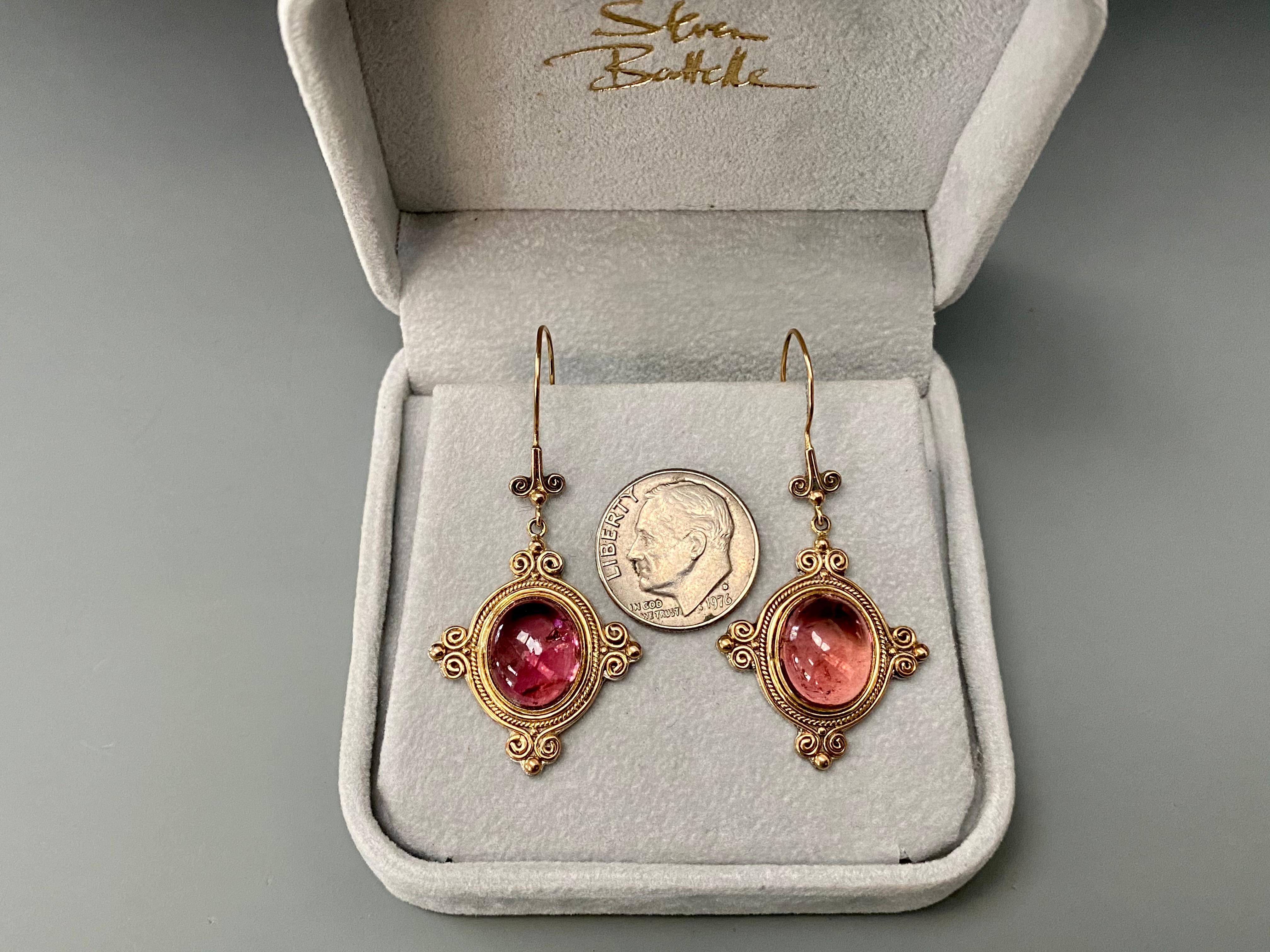 Contemporary Steven Battelle 13.5 Carat Pink Tourmaline 18K Gold/Sterling Drop Earrings For Sale