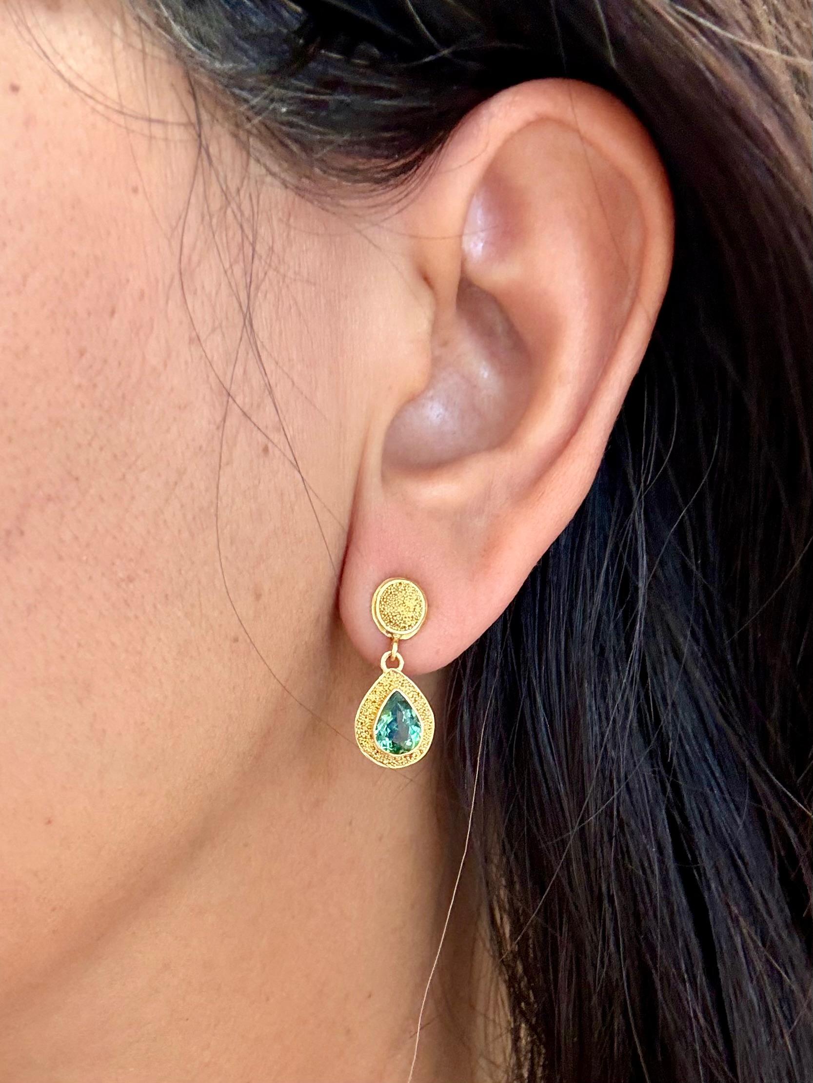 Steven Battelle 1.4 Carats Green Tourmaline 22K Gold Granulated Post Earrings For Sale 5