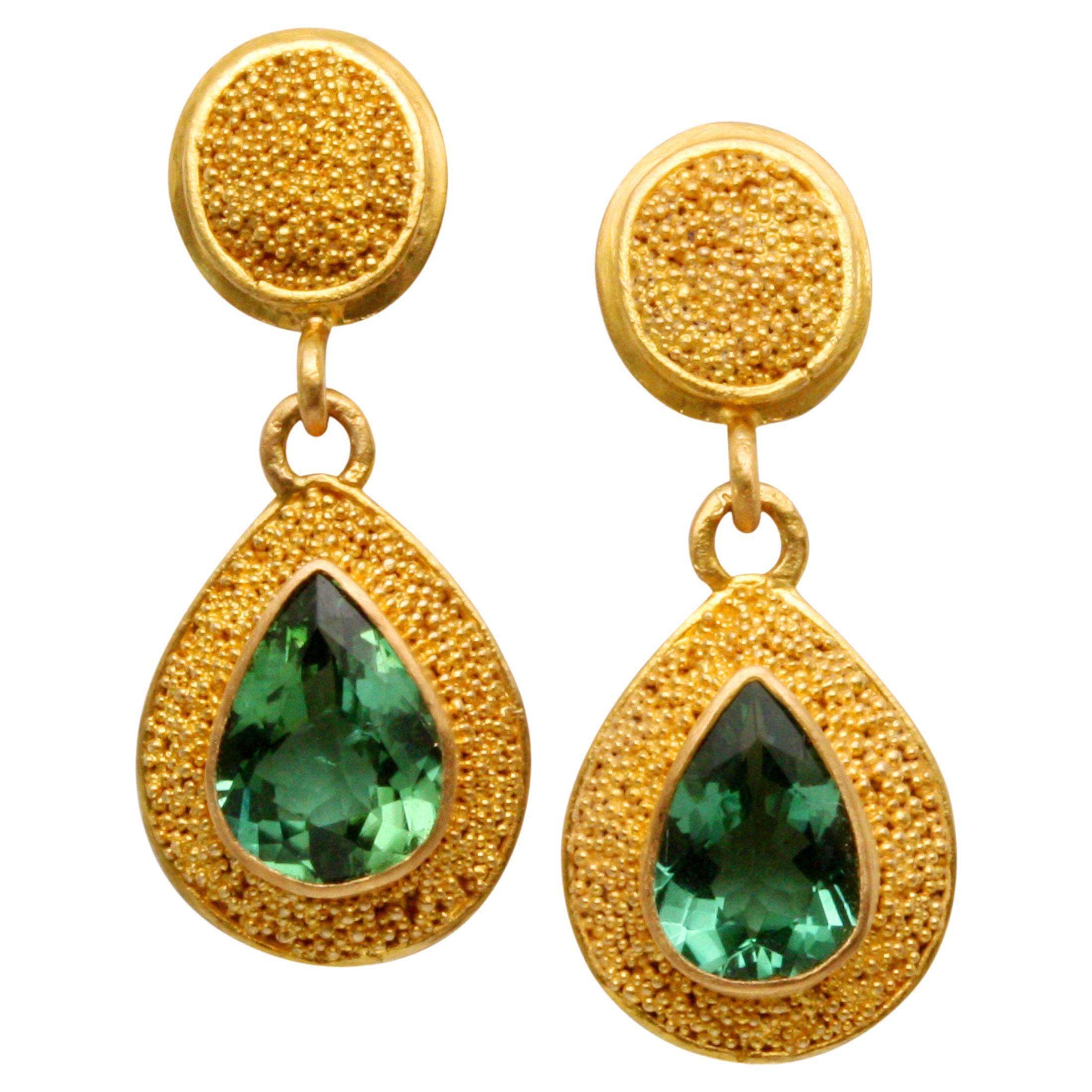 Steven Battelle 1.4 Carats Green Tourmaline 22K Gold Granulated Post Earrings