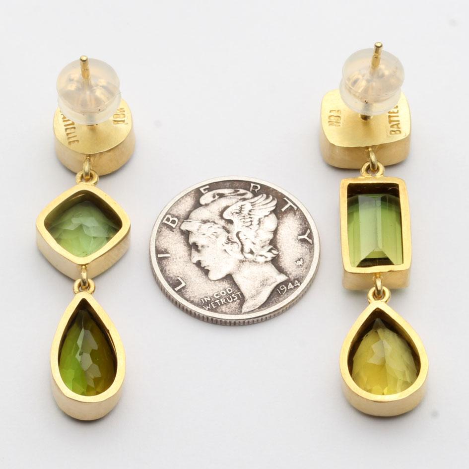Mixed Cut Steven Battelle 14.2 Carats Mixed Green Tourmaline 18K Gold Post Earrings For Sale