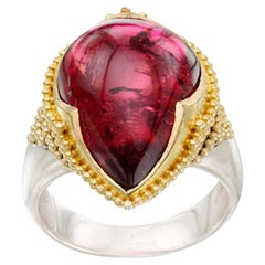 Steven Battelle 14.3 Carats Cabochon Pink Tourmaline Silver 18K Gold Ring