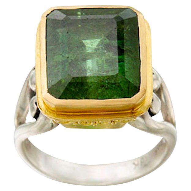Steven Battelle 14.4 Carats Faceted Green Tourmaline 18K Gold Silver Ring For Sale