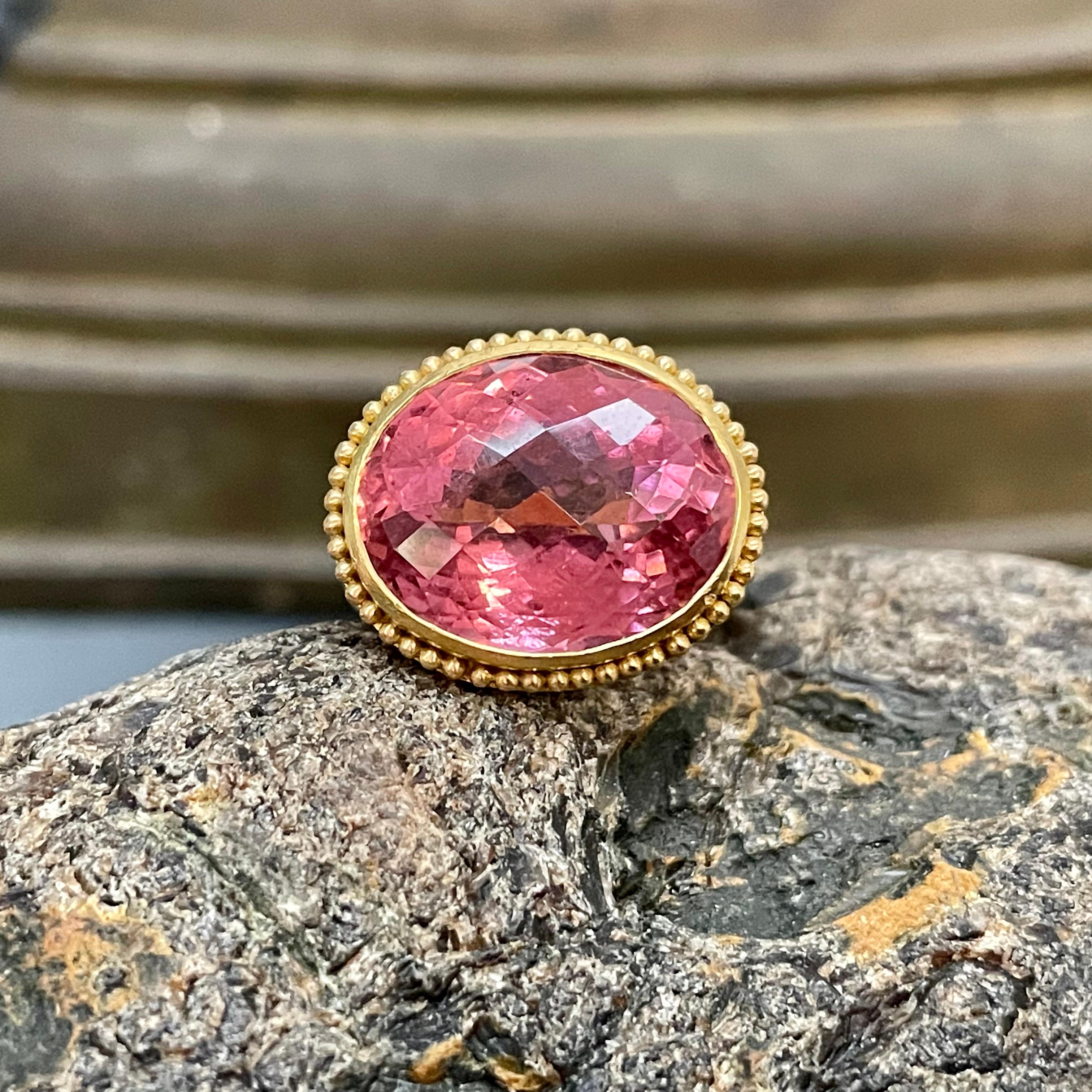Steven Battelle 14,5 Karat facettierter rosa Turmalin mit Diamanten 22K Gold Ring 4