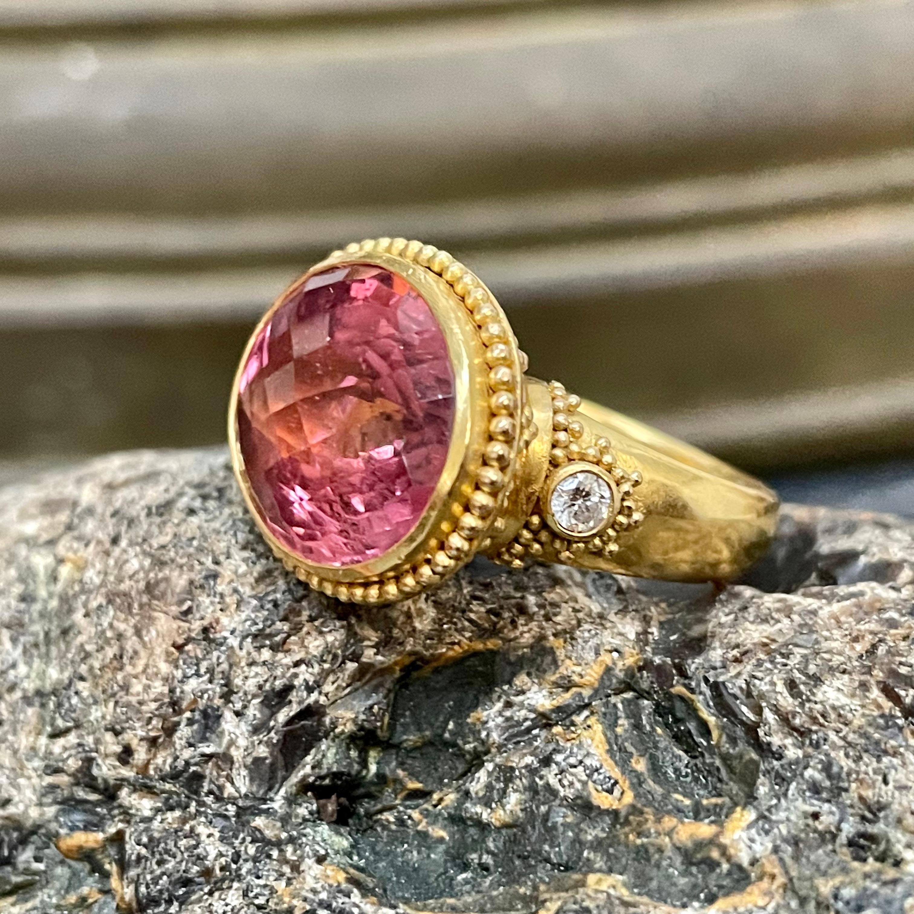 Steven Battelle 14,5 Karat facettierter rosa Turmalin mit Diamanten 22K Gold Ring 2