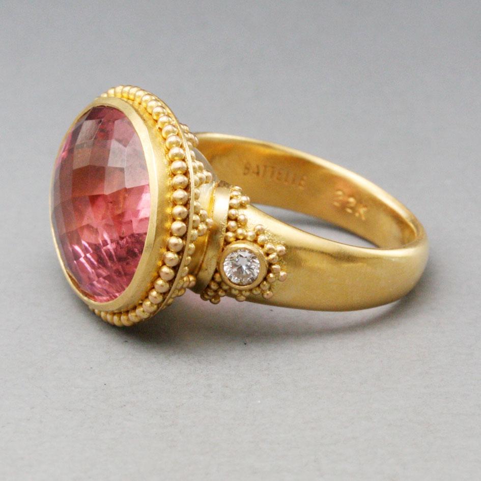 Steven Battelle 14,5 Karat facettierter rosa Turmalin mit Diamanten 22K Gold Ring 3