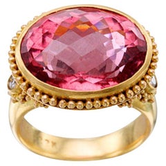Steven Battelle 14.5 Carats Faceted Pink Tourmaline with Diamonds 22K Gold Ring