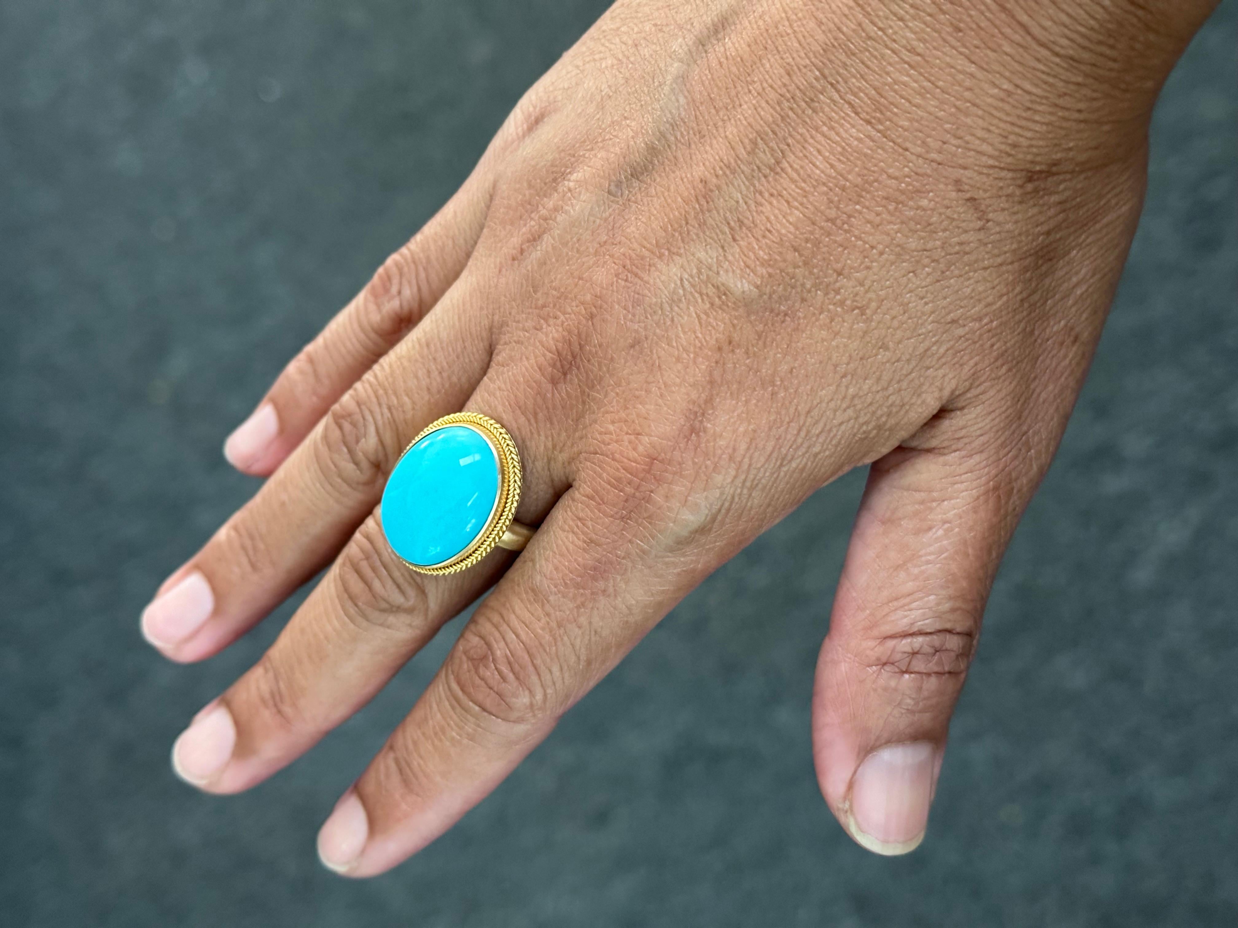 Cabochon Steven Battelle 14.5 Carats Sleeping Beauty Turquoise 18K Gold Ring For Sale