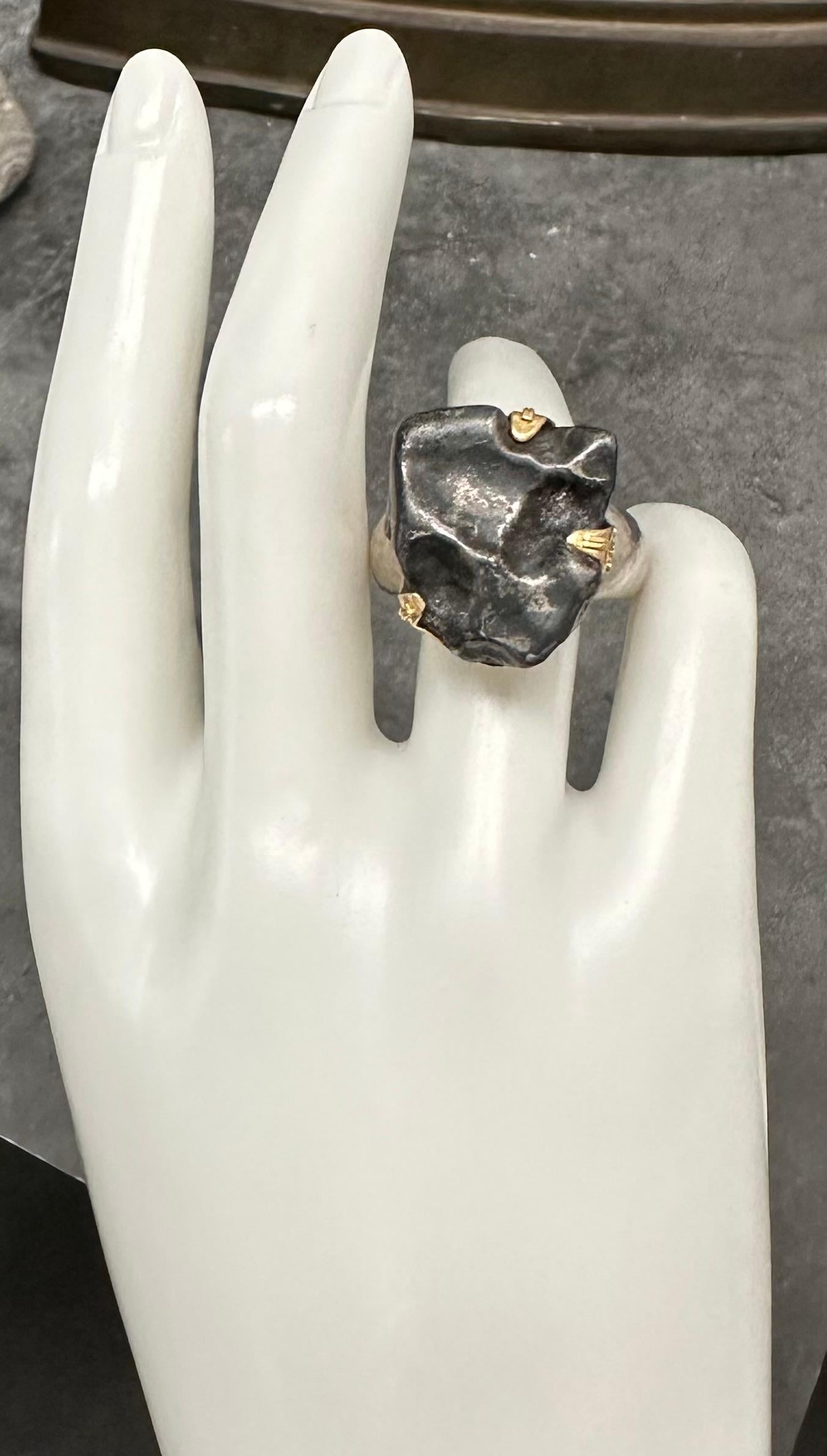 Steven Battelle 14.5 Gram Meteorite Silver 18K Gold Bezel Mens Ring Unisexe en vente