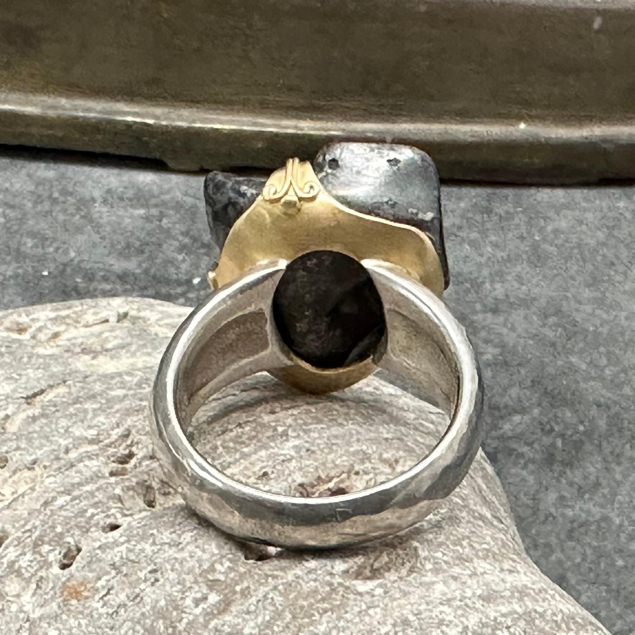 Steven Battelle 14.5 Gram Meteorite Silver 18K Gold Bezel Mens Ring In New Condition For Sale In Soquel, CA