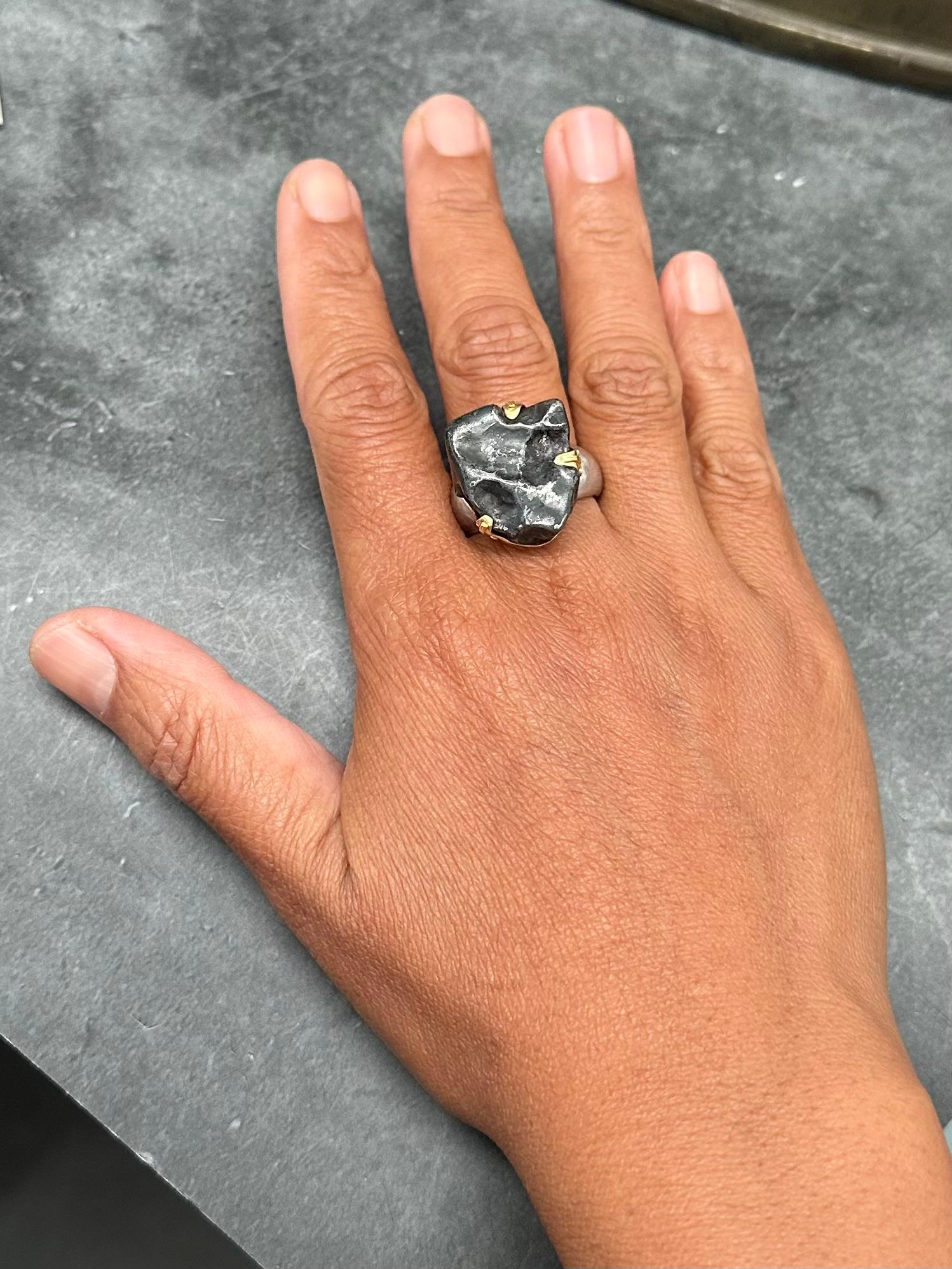 Steven Battelle 14.5 Gram Meteorite Silver 18K Gold Bezel Mens Ring For Sale 1