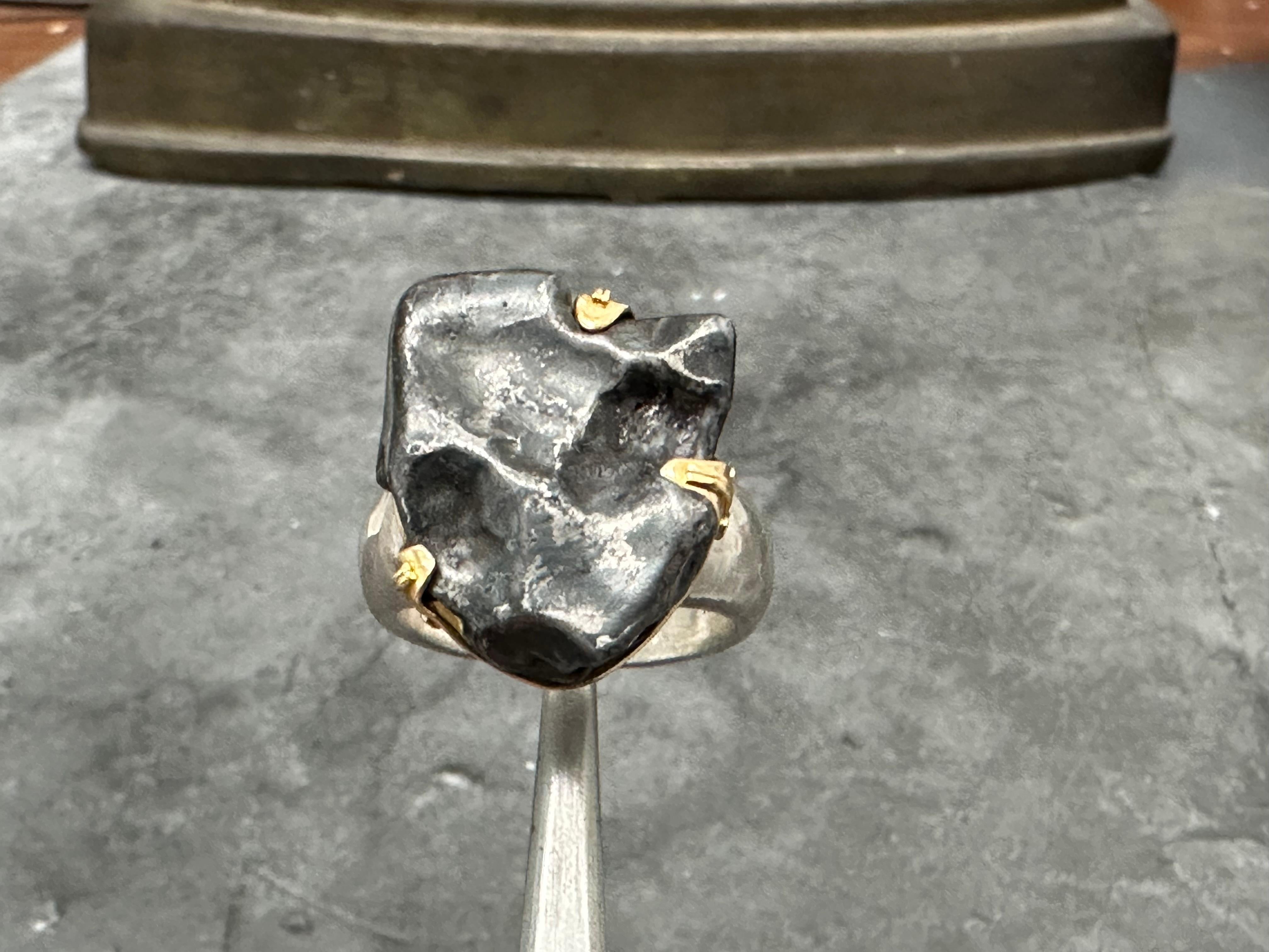 Steven Battelle 14.5 Gram Meteorite Silver 18K Gold Bezel Mens Ring For Sale 2