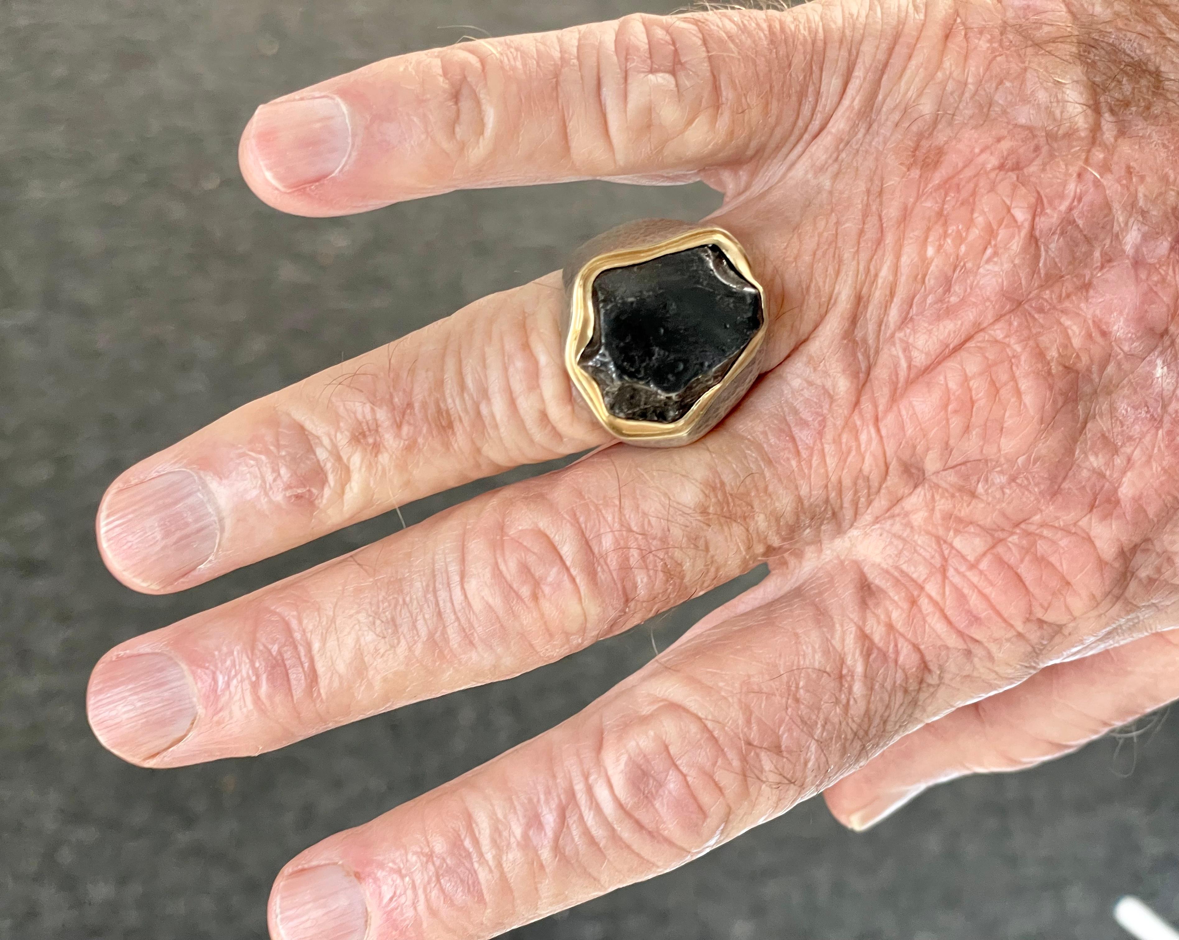 Men's Steven Battelle 14.6 Gram Sikote-Alin Meteorite Mens Silver 18k Gold Ring