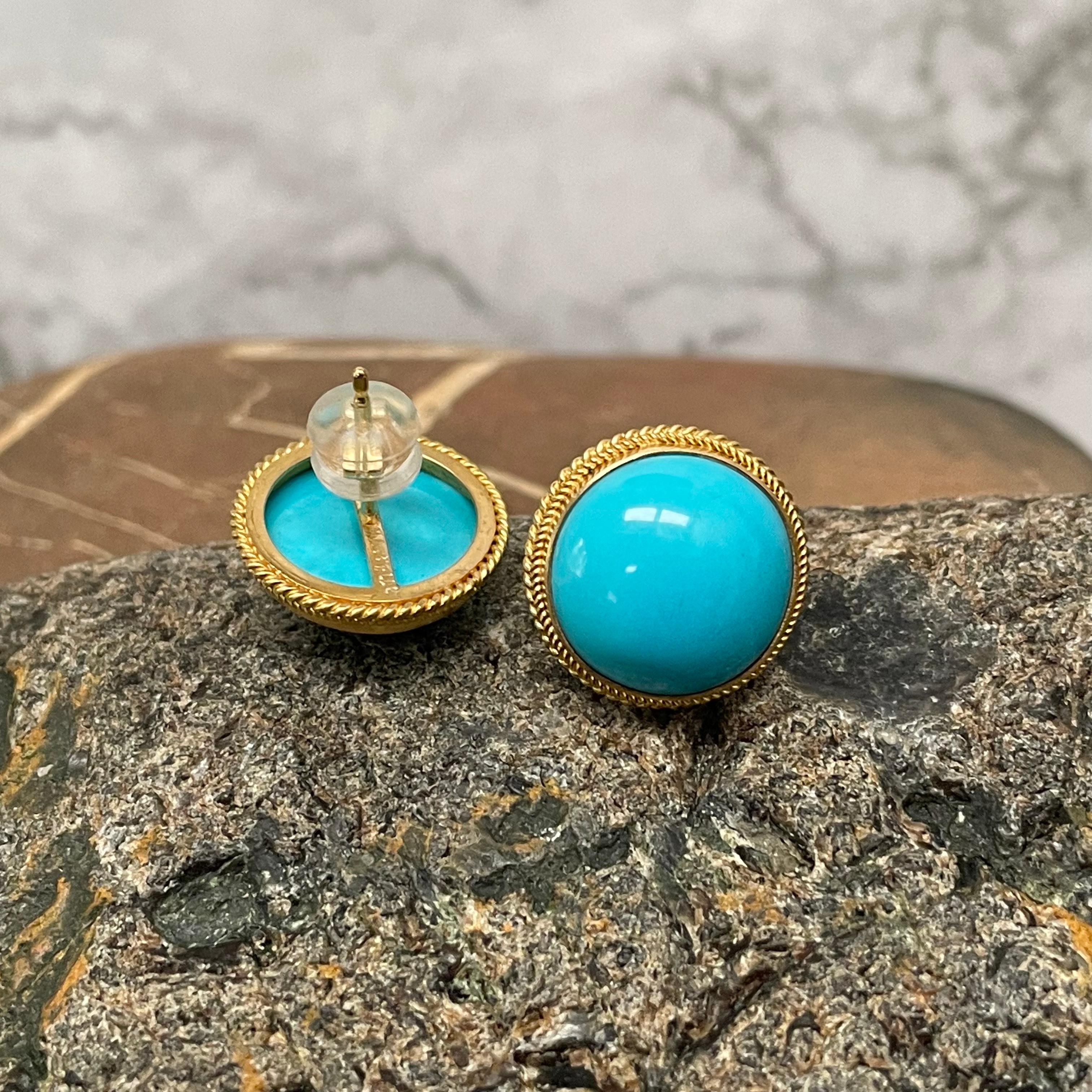 Contemporary Steven Battelle 14.7 Carats Sleeping Beauty Turquoise 18K Gold Post Earrings For Sale