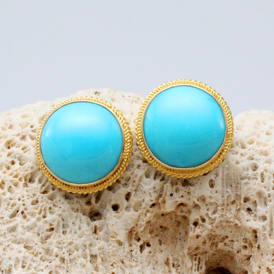Cabochon Steven Battelle 14.7 Carats Sleeping Beauty Turquoise 18K Gold Post Earrings For Sale