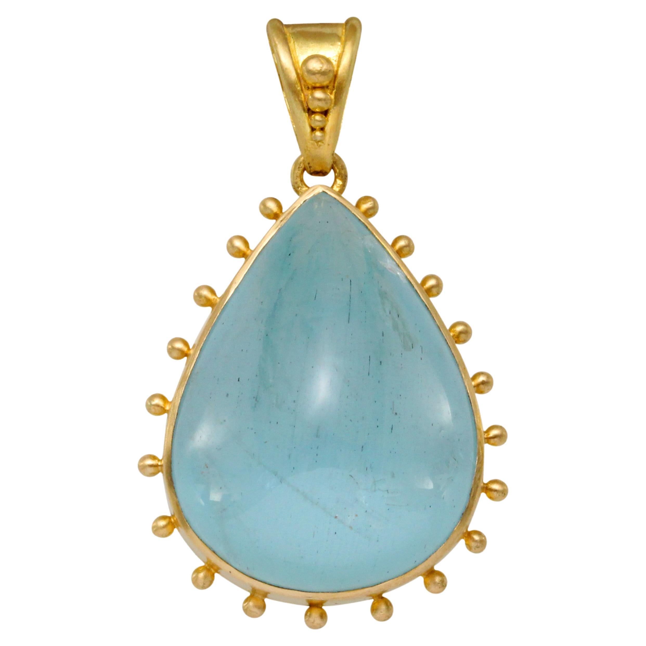 Steven Battelle 14.8 Carats Pear Cabochon Aquamarine 18K Gold Pendant 