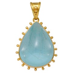 Steven Battelle 14.8 Carats Pear Cabochon Aquamarine 18K Gold Pendant 