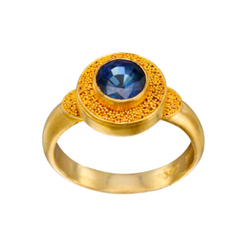 Steven Battelle 1.5 Carats Blue Sapphire 22K Granulated Ring For Sale 7