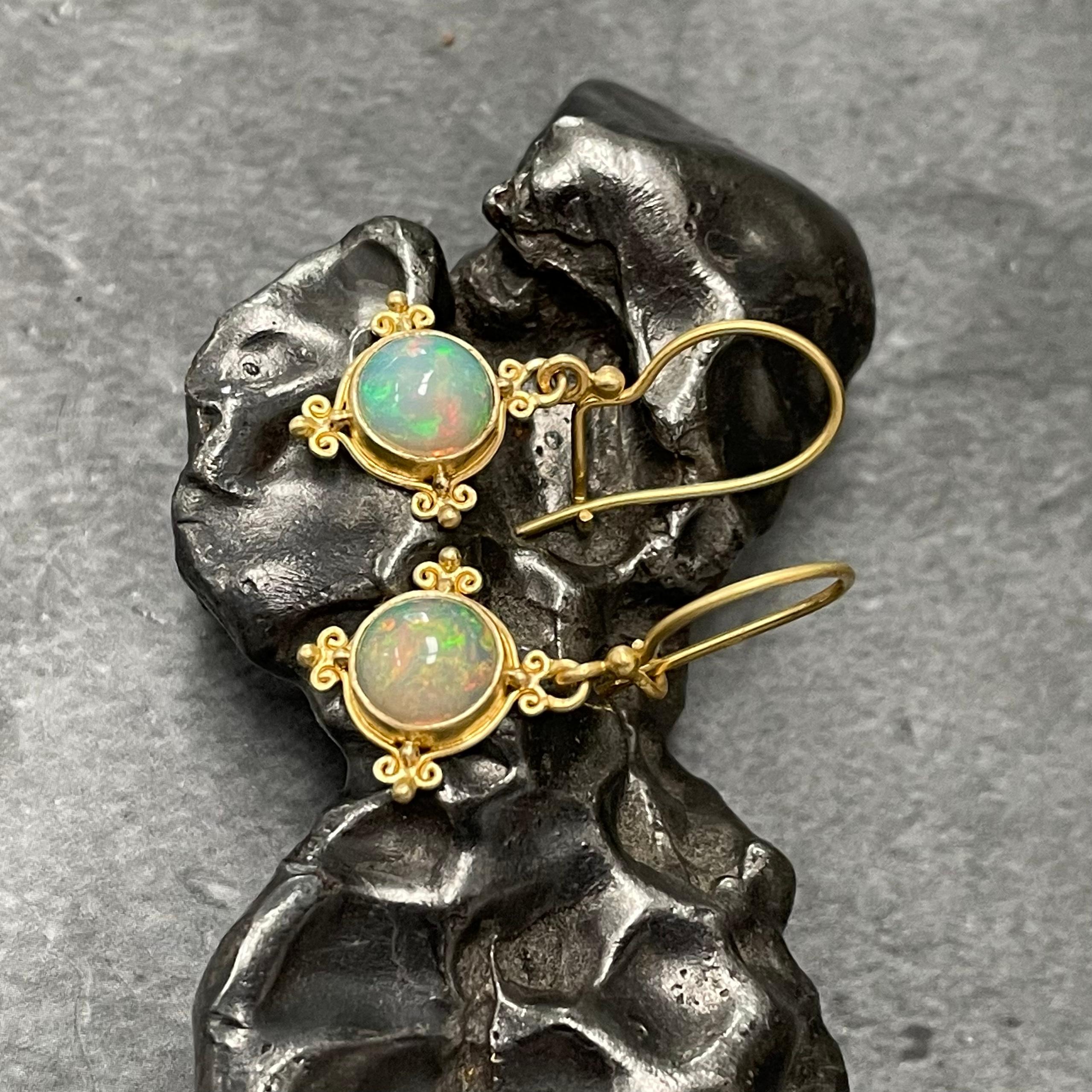 Contemporary Steven Battelle 1.5 Carats Ethiopian Opal 18K Gold Wire Earrings For Sale