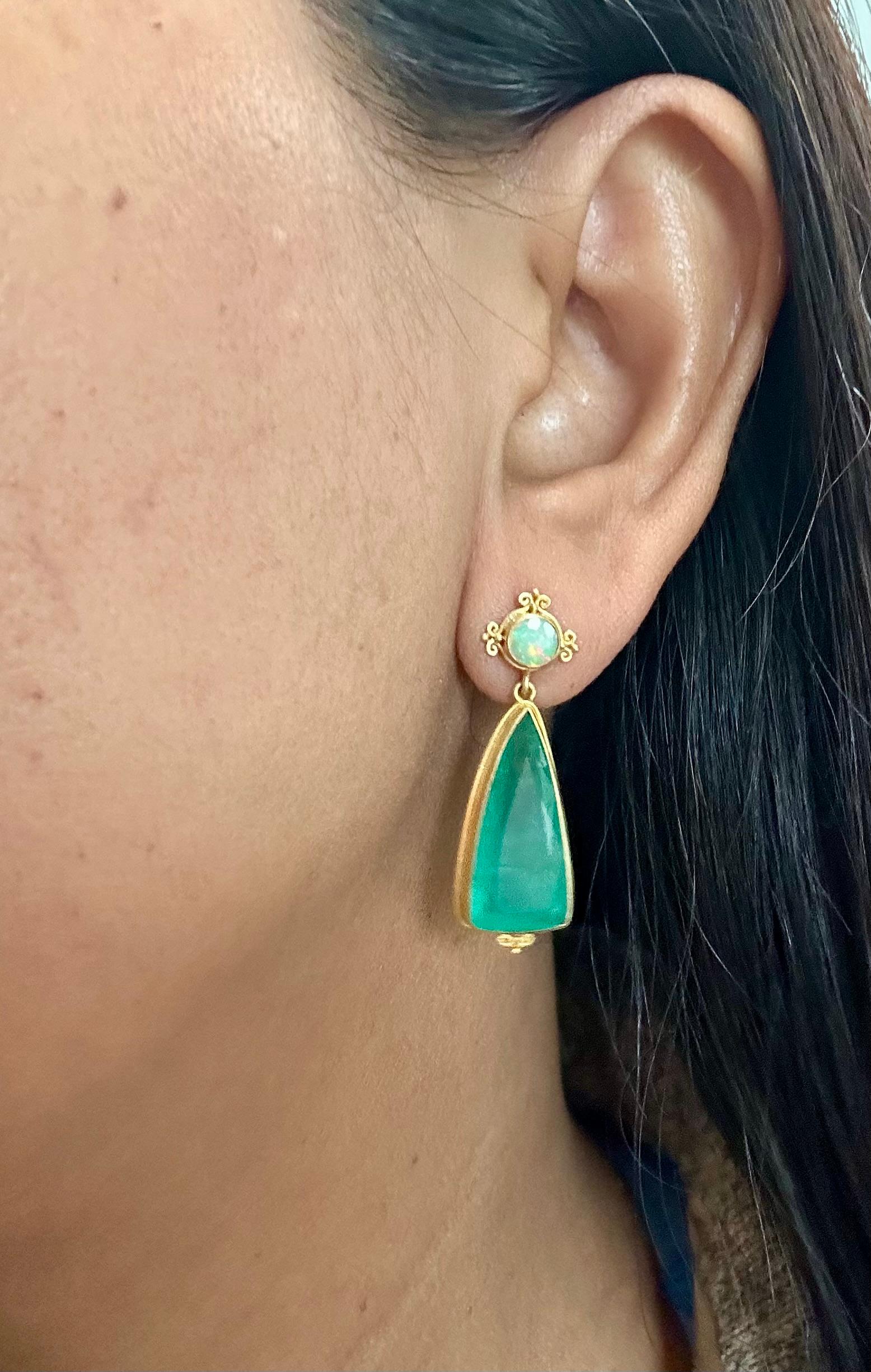 Steven Battelle 15.1 Carats Emerald Ethiopian Opal 18K Gold Post Earrings For Sale 4