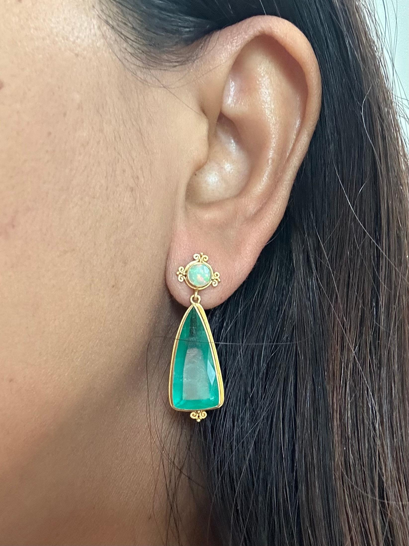 Trillion Cut Steven Battelle 15.1 Carats Emerald Ethiopian Opal 18K Gold Post Earrings For Sale