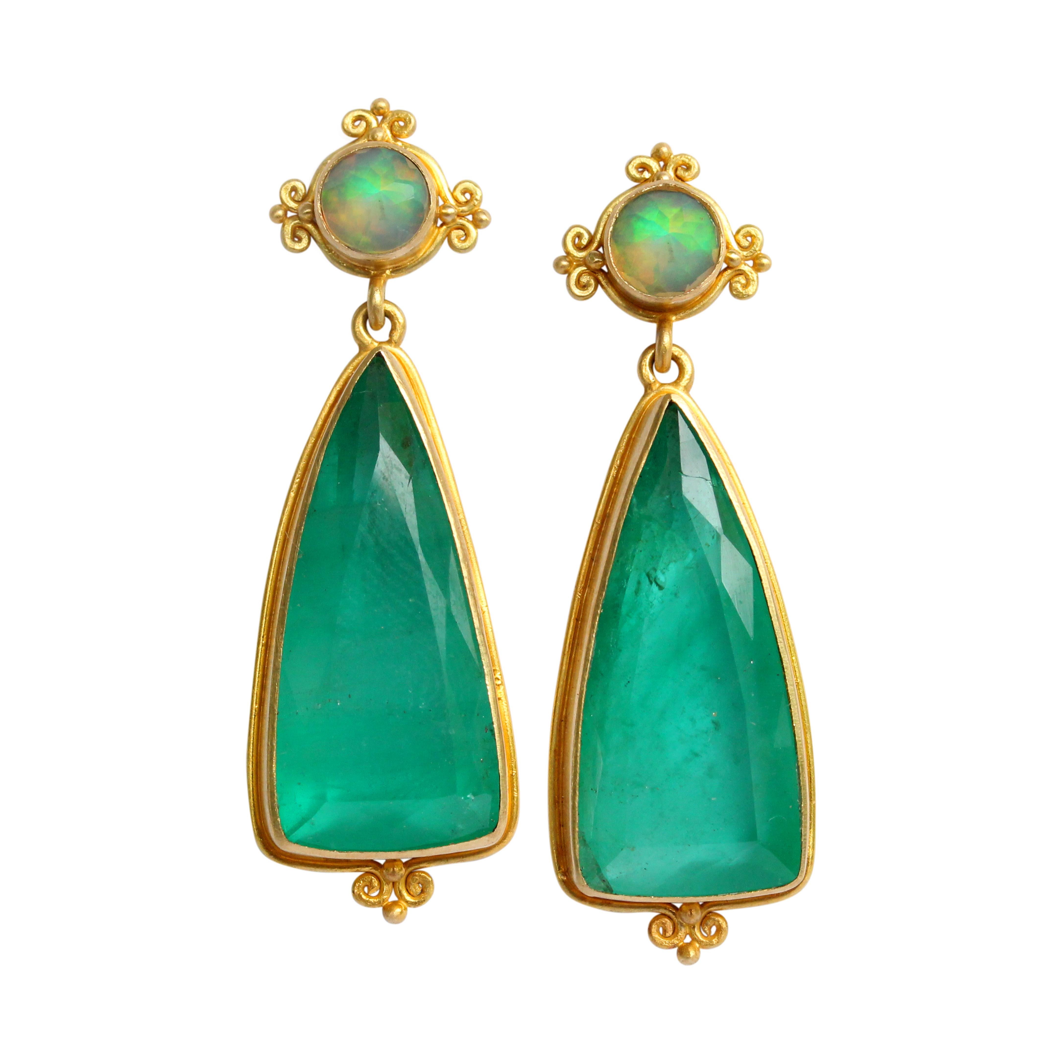 Steven Battelle 15.1 Carats Emerald Ethiopian Opal 18K Gold Post Earrings For Sale 1