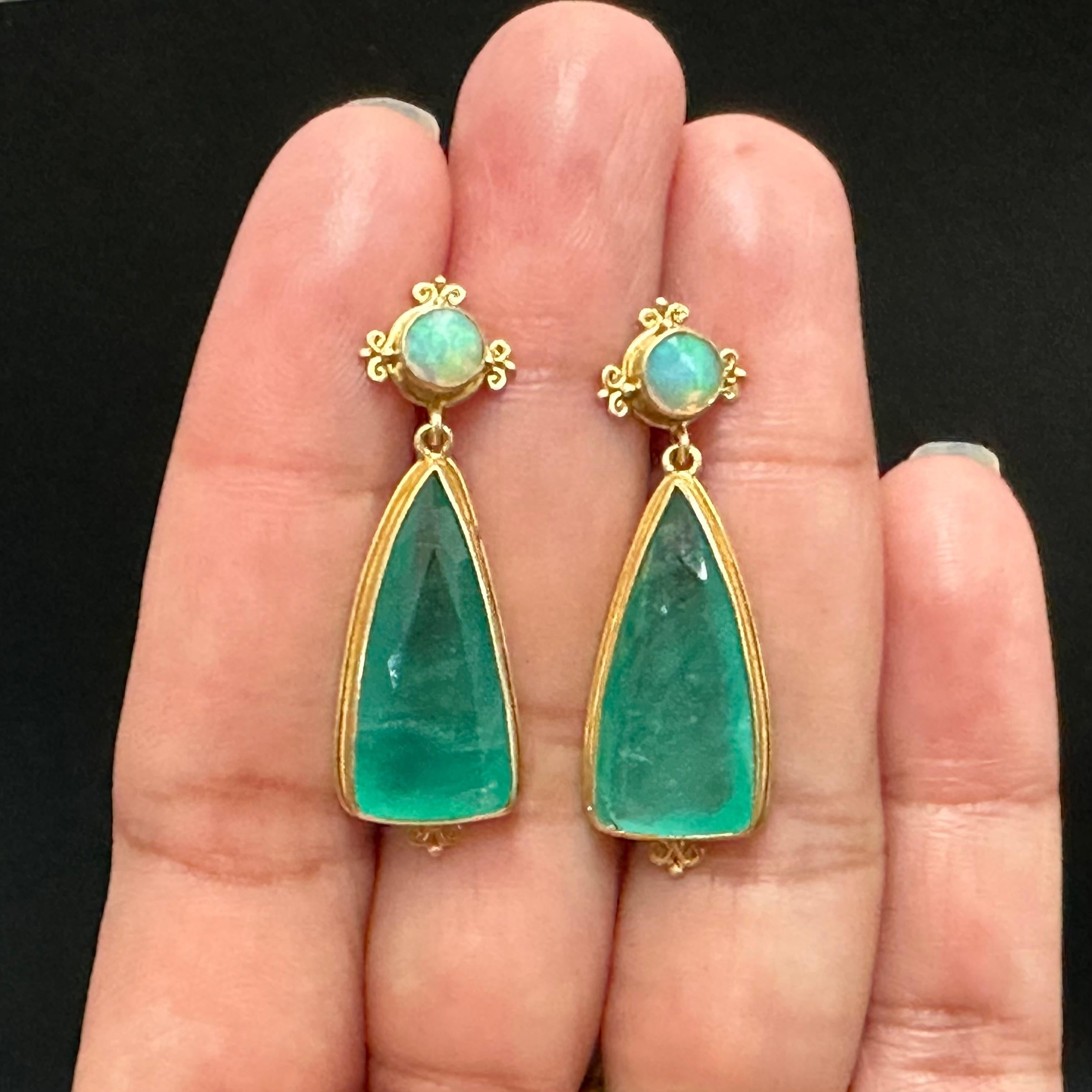 Steven Battelle 15.1 Carats Emerald Ethiopian Opal 18K Gold Post Earrings For Sale 3