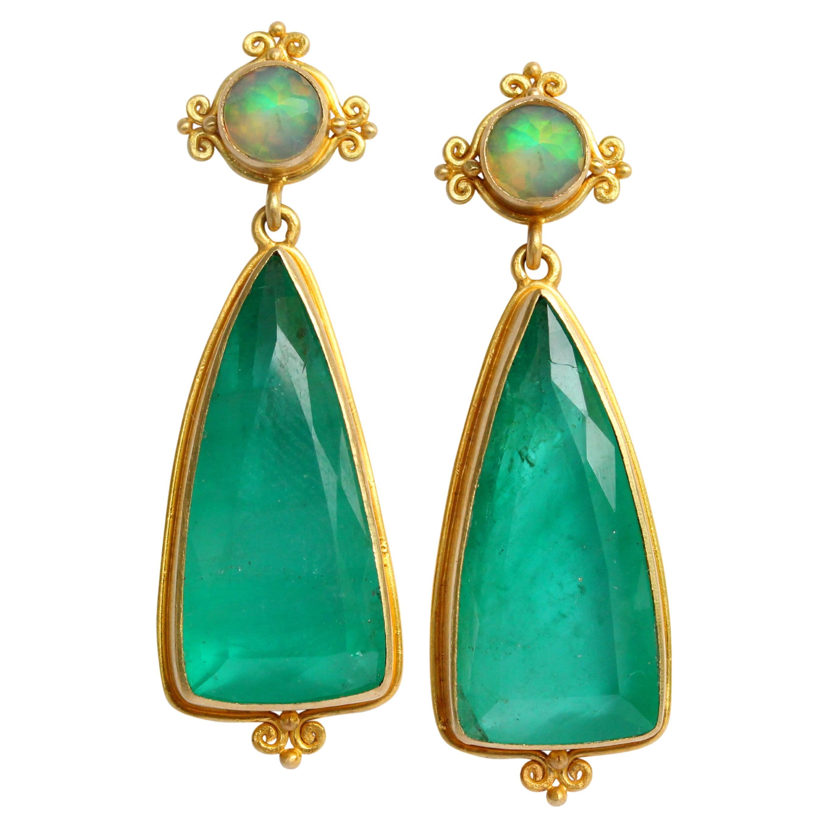 Steven Battelle 15.1 Carats Emerald Ethiopian Opal 18K Gold Post Earrings
