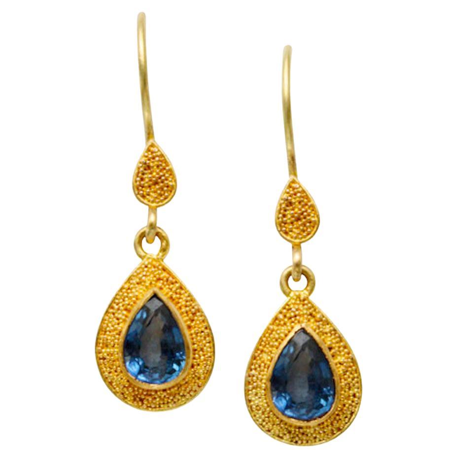 Steven Battelle 1.6 Carat Blue Sapphire 22K Earrings For Sale