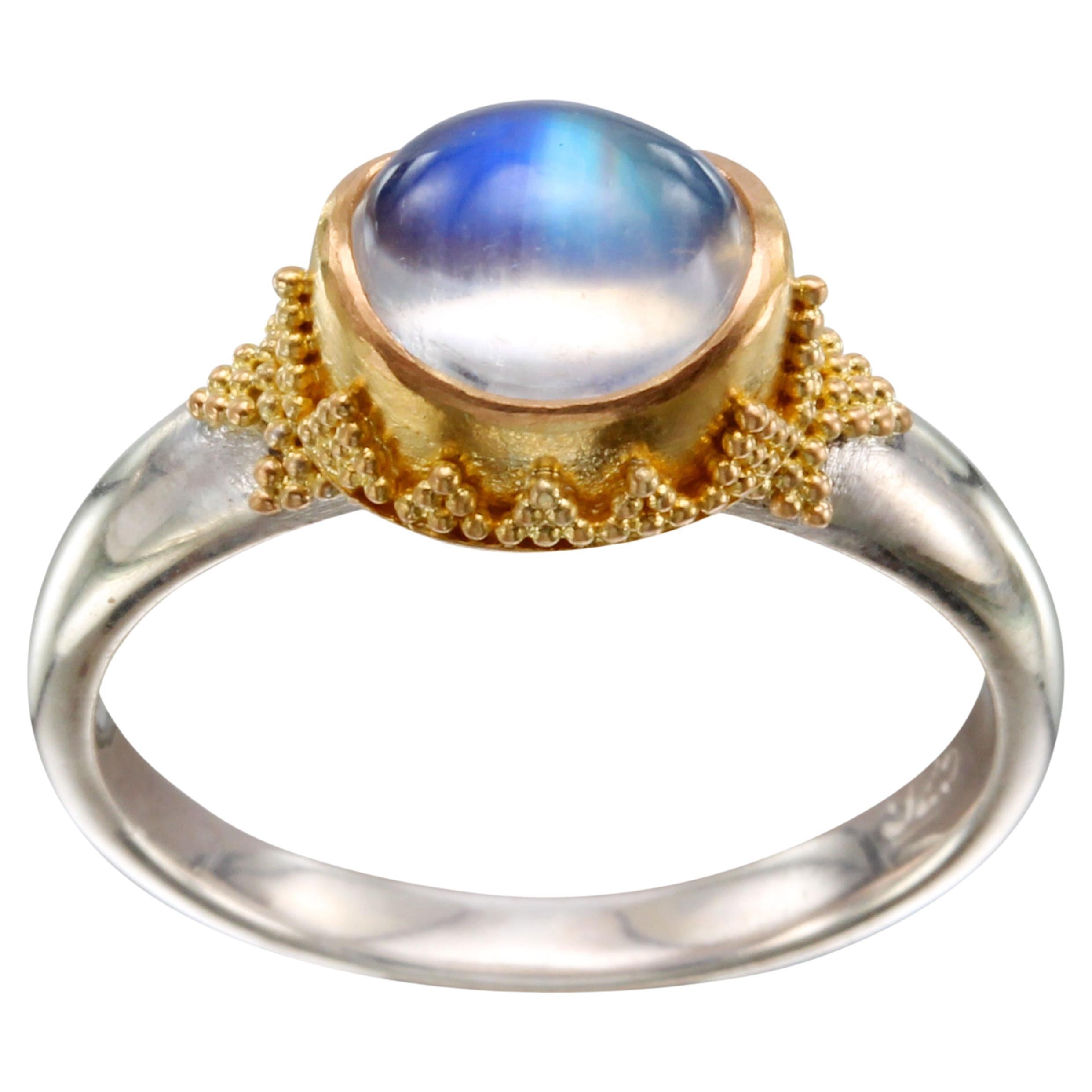 Steven Battelle 1.6 Carats Rainbow Moonstone Sterling Silver 22K Gold Ring For Sale