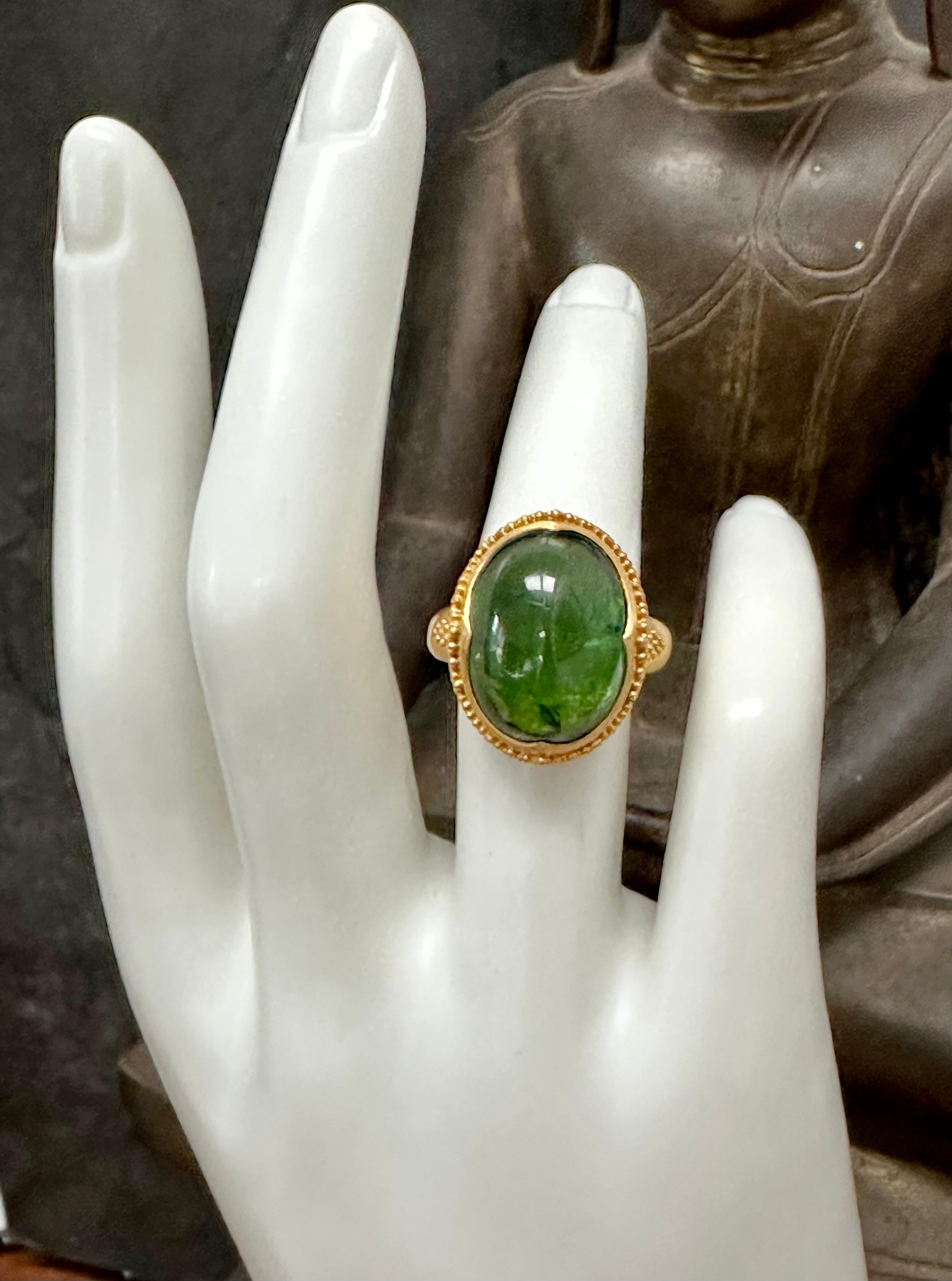 16.0 Carats Cabochon Green Tourmaline 22k Gold Ring In New Condition For Sale In Soquel, CA